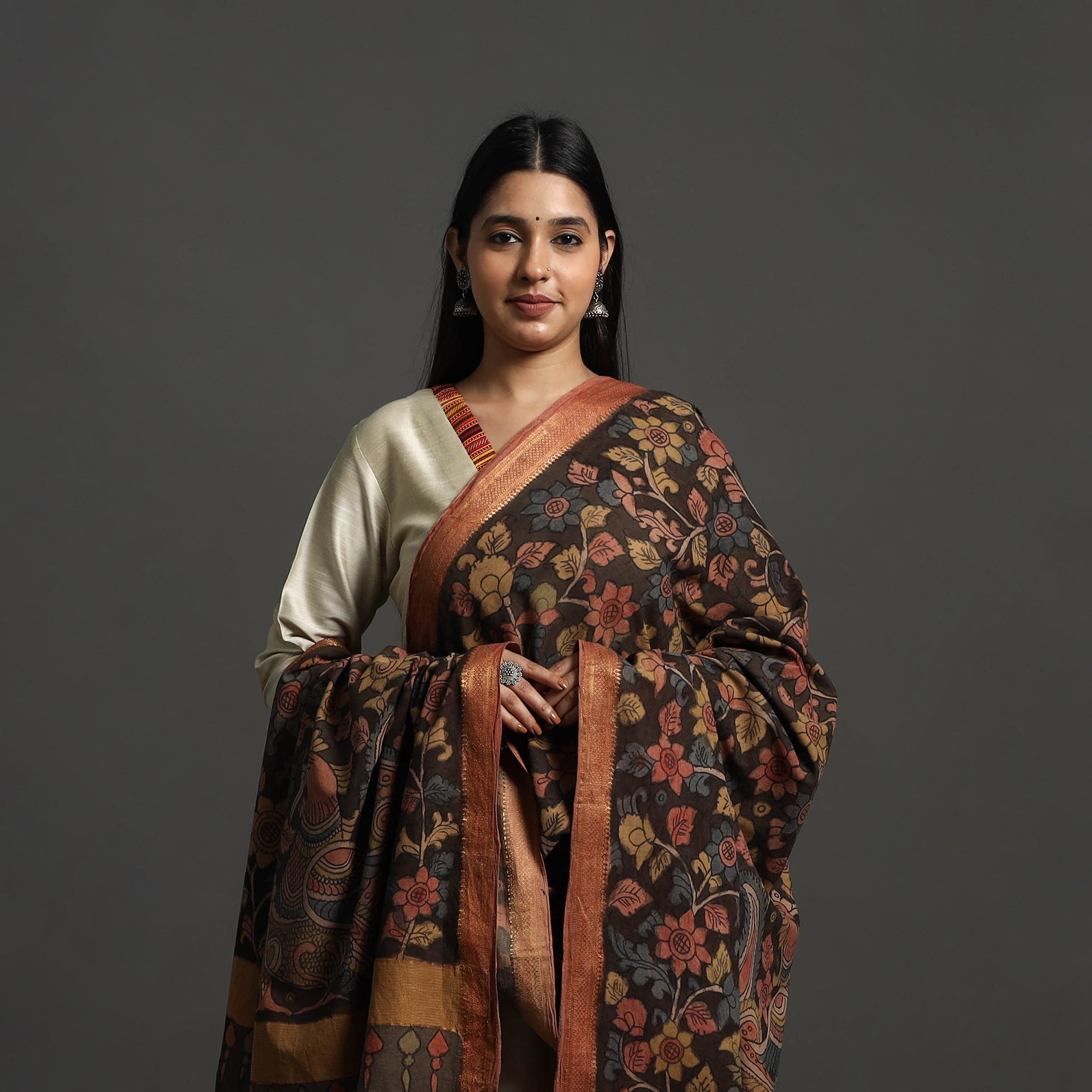 SOUTH KARGHA Brown - Mangalagiri Cotton Handpainted Pen Work Kalamkari Dupatta 11 - view 3