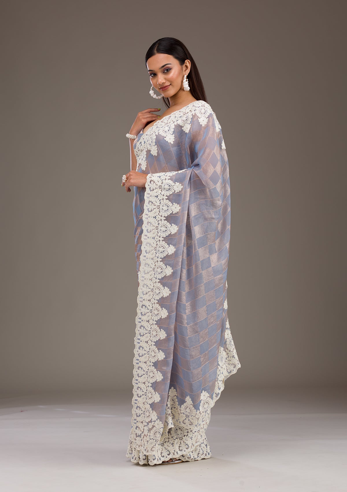 Koskii Grey Pearlwork Tissue Saree – Women's - view 4