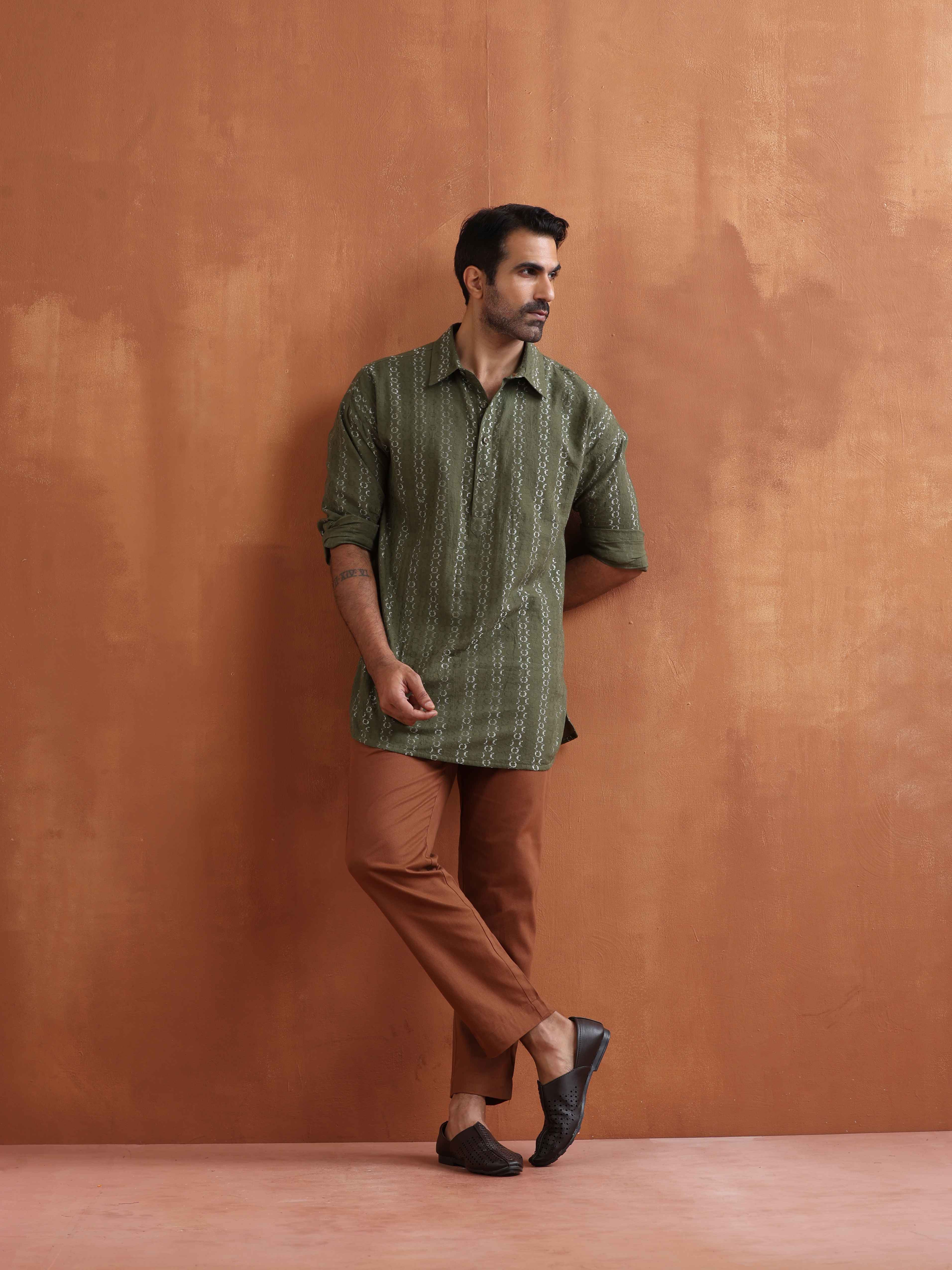 trueBrowns Men's Olive Green Cotton Dobby Short Kurta - view 7