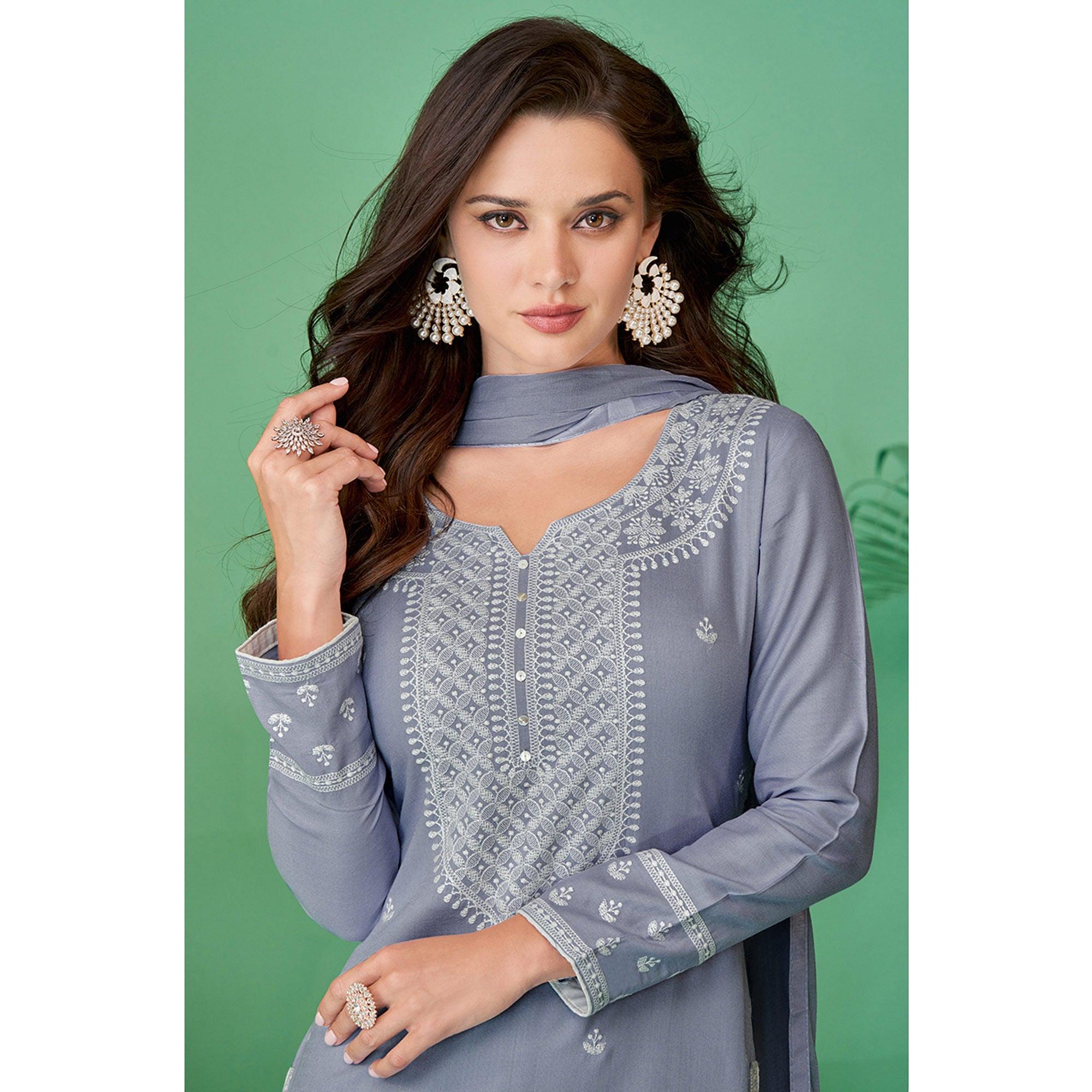 Peachmode Light Purple Lucknowi Embroidered Rayon Kurti Pant Set With Dupatta - view 2