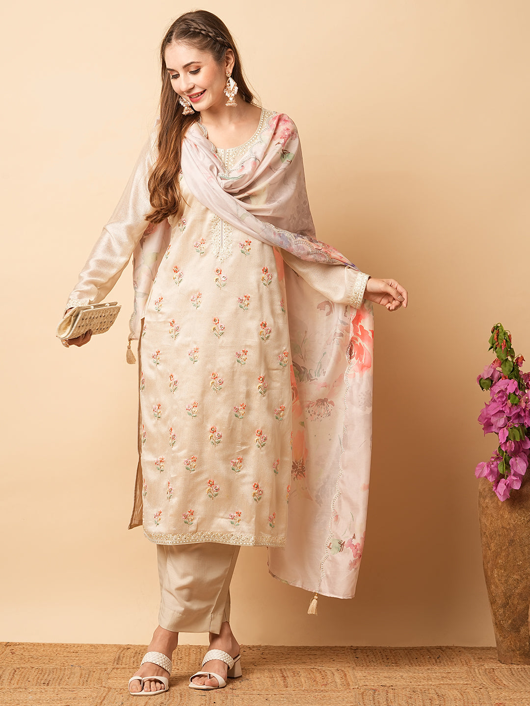 Fashor Solid Resham & Sequins Embroidered Kurta with Pants & Floral Dupatta - Beige - view 2