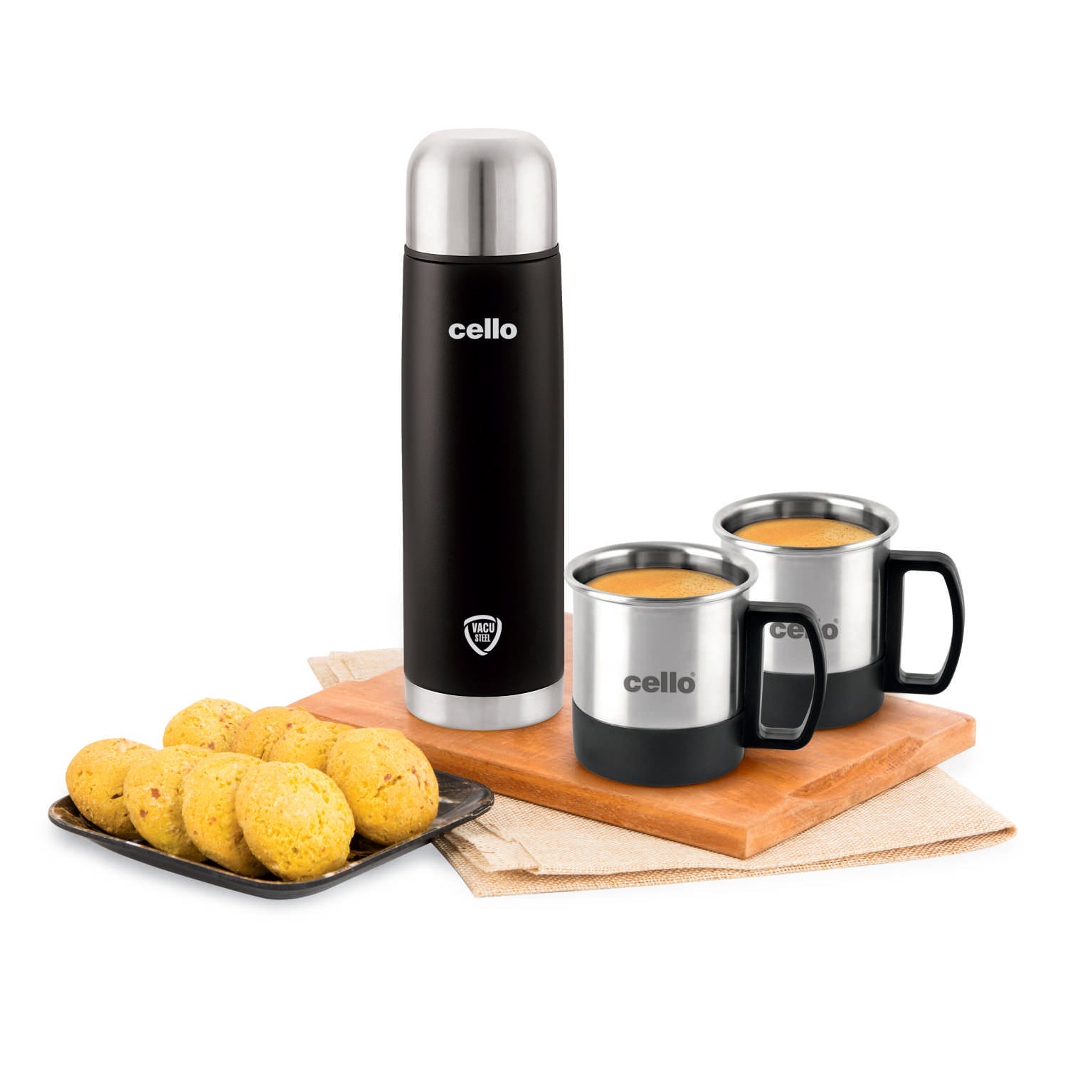Cello Duro Classic Vacusteel Flask with Mugs Gift Set, 3 Pieces