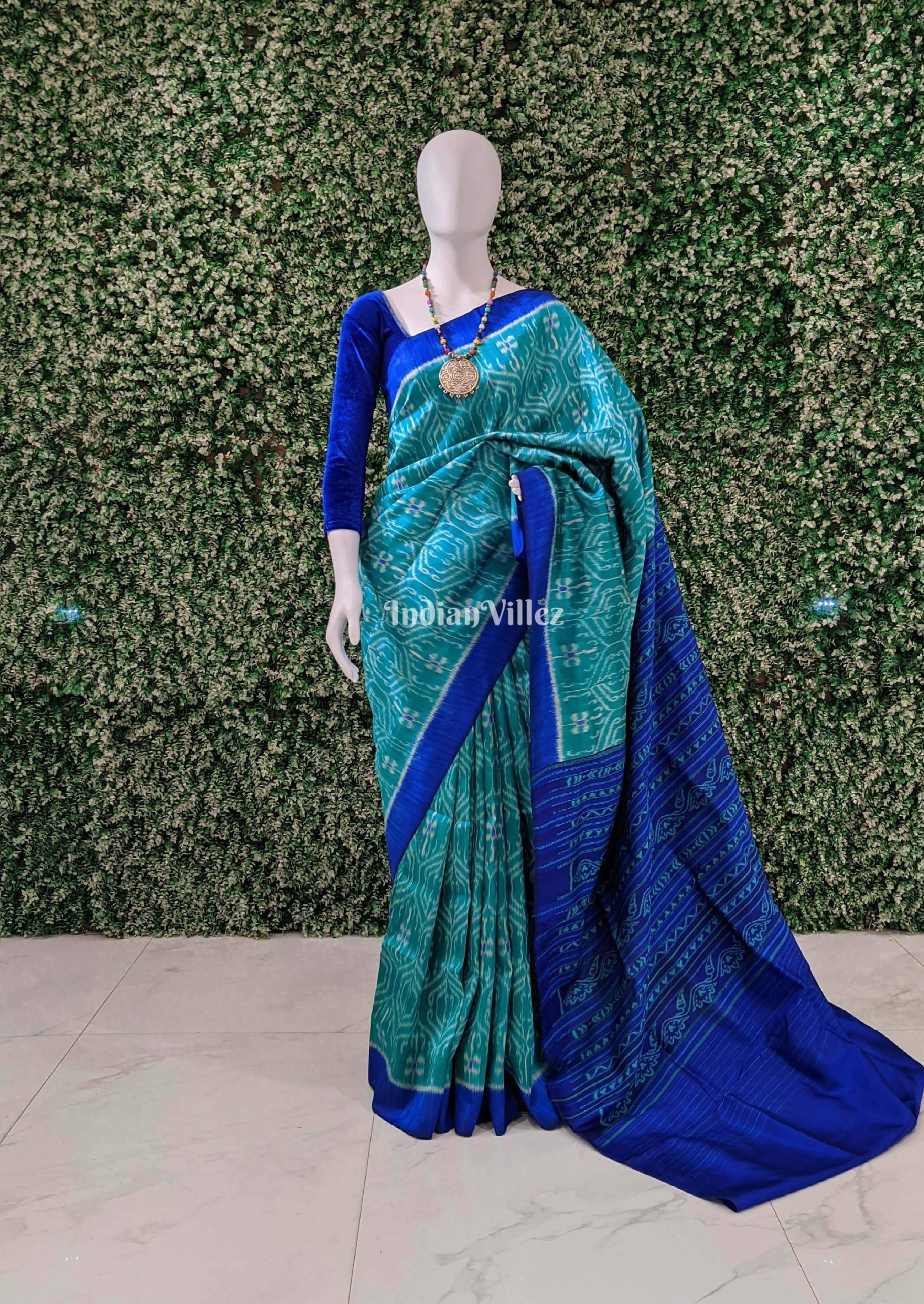 IndianVillèz Turquoise Blue Odisha Handloom Contemporary Silk Saree