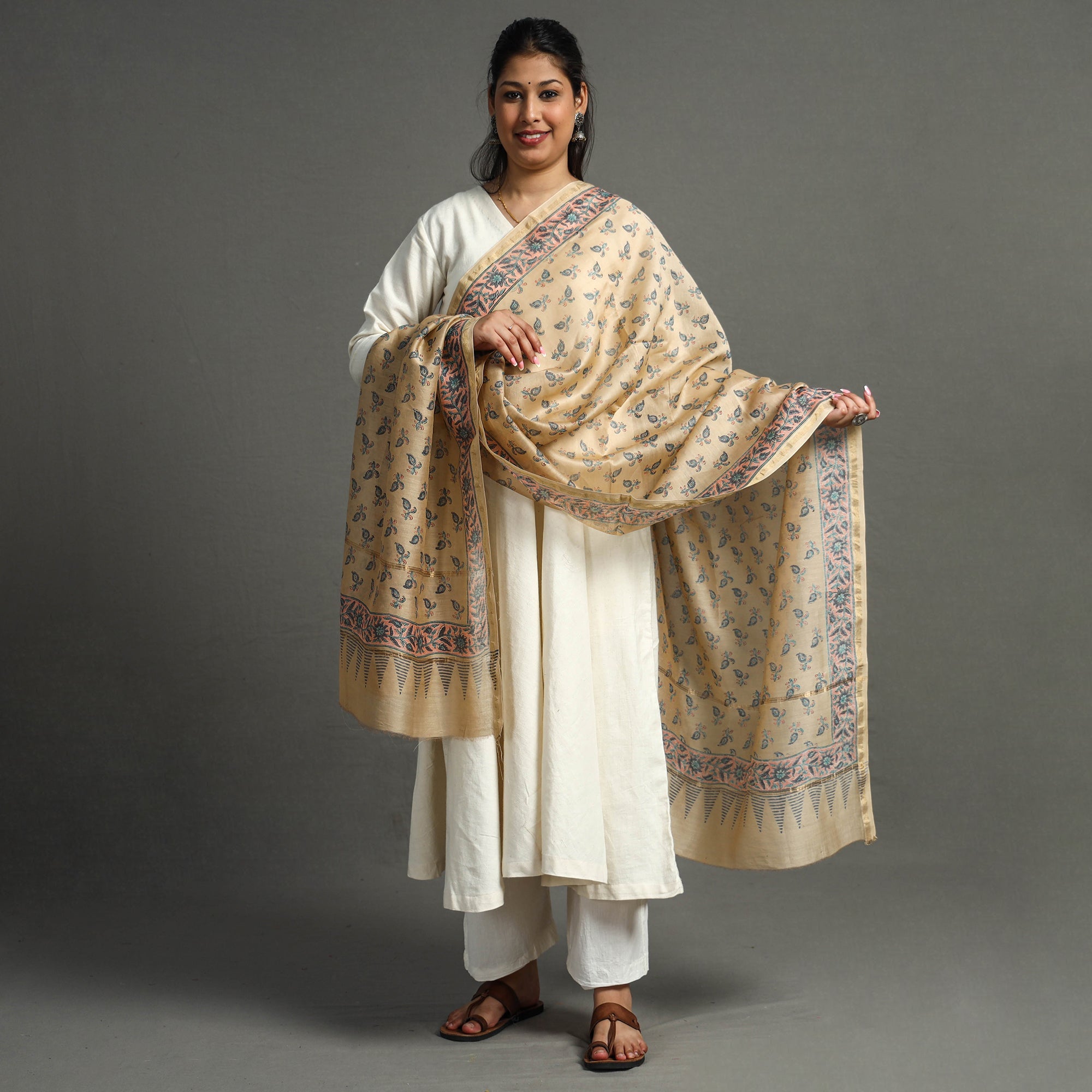 BAGRU DABU PRINTS Beige - Block Printed Chanderi Silk Sanganeri Dupatta 67 - view 2