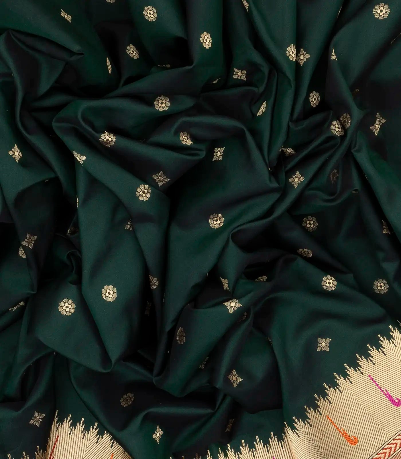 RmKV Bottle Green Handwoven Banarasi Silk Saree With Floral Buttas - view 7