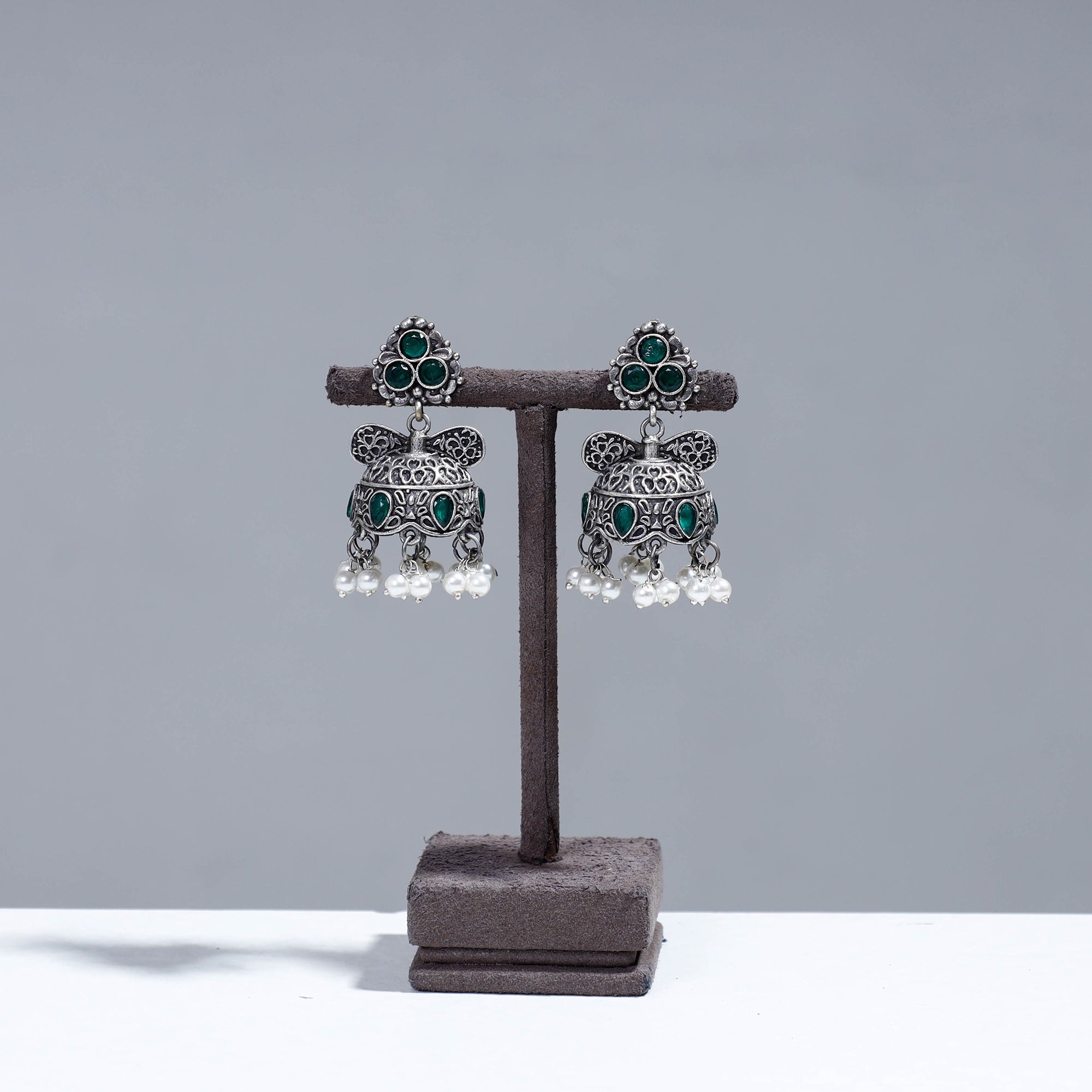 WHITE RIVER STORIES Antique Silver Finish Oxidised Brass Base Stone Work Jhumki Earrings