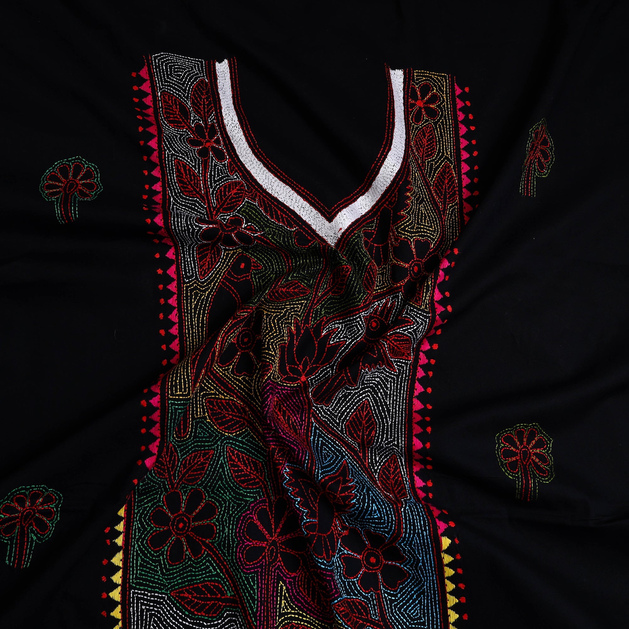 KHUSHBASH - HAPPY LOOM OF EAST Black - Bengal Kantha Embroidery Cotton Kurta Material - (2.75m) 15 - view 2