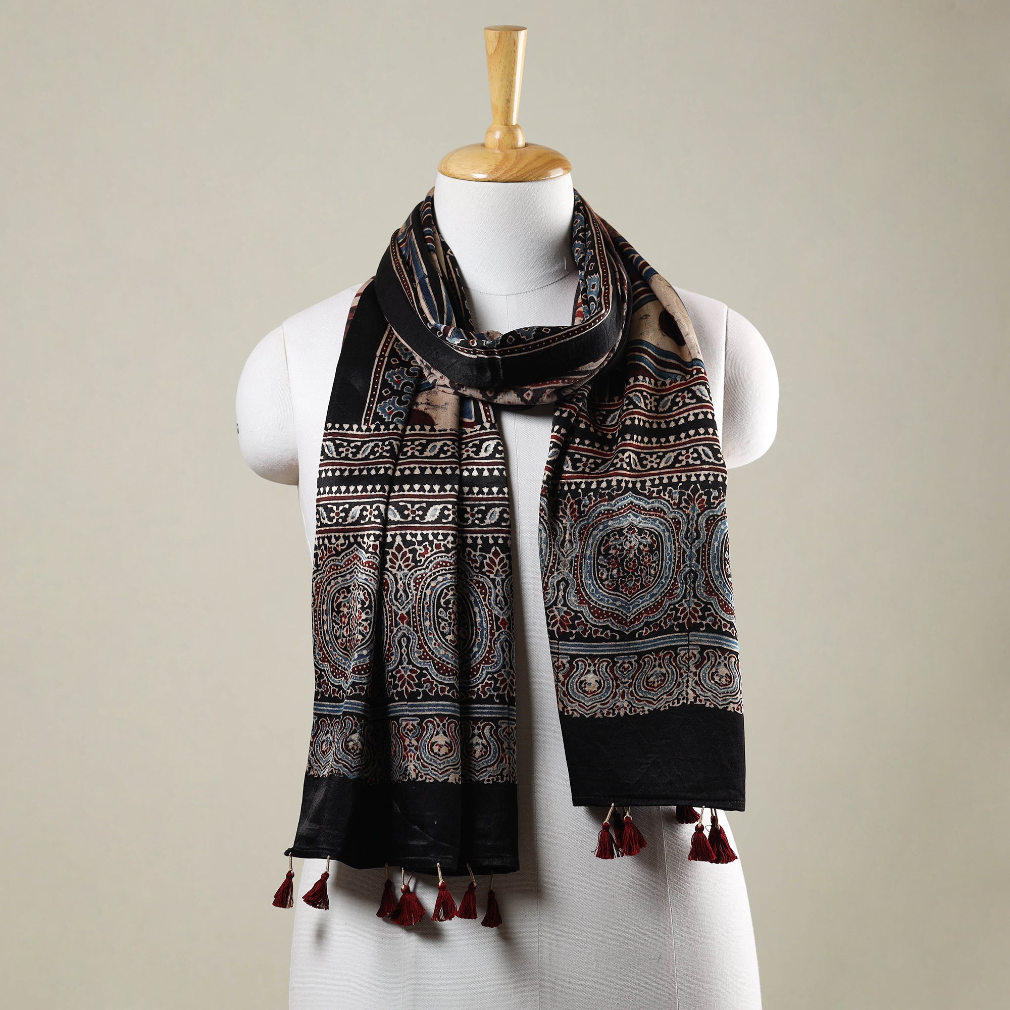 RIYAZ ABDULMAJID KHATRI - AJRAKH Black - Ajrakh Hand Block Printed Mashru Silk Stole with Tassels