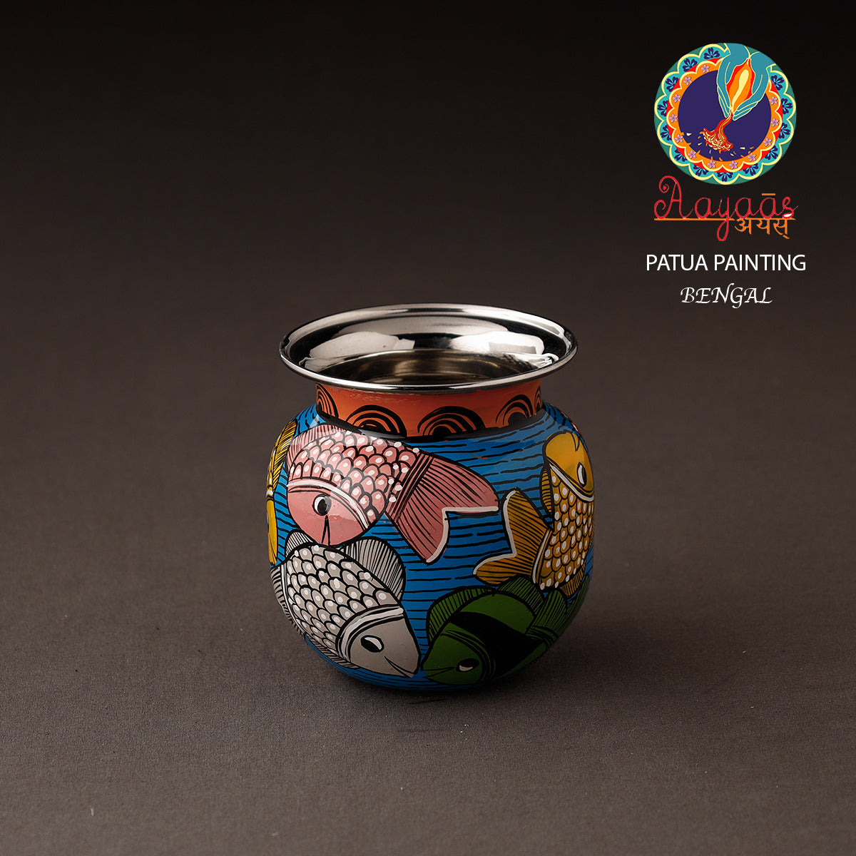 AAYAAS Bengal Patua Handpainted Stainless Steel Lota / Kalash / Container