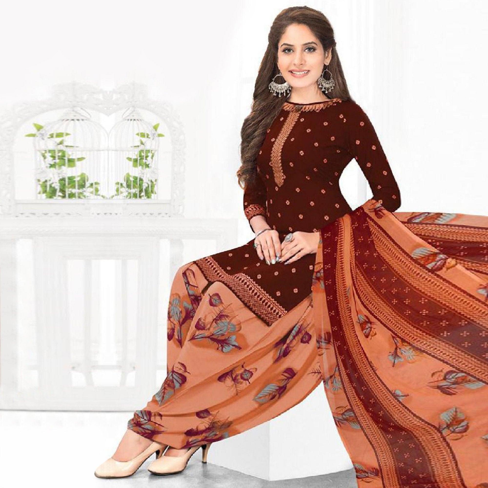 Peachmode Maroon Casual Wear Printed Leon Patiala Dress Material