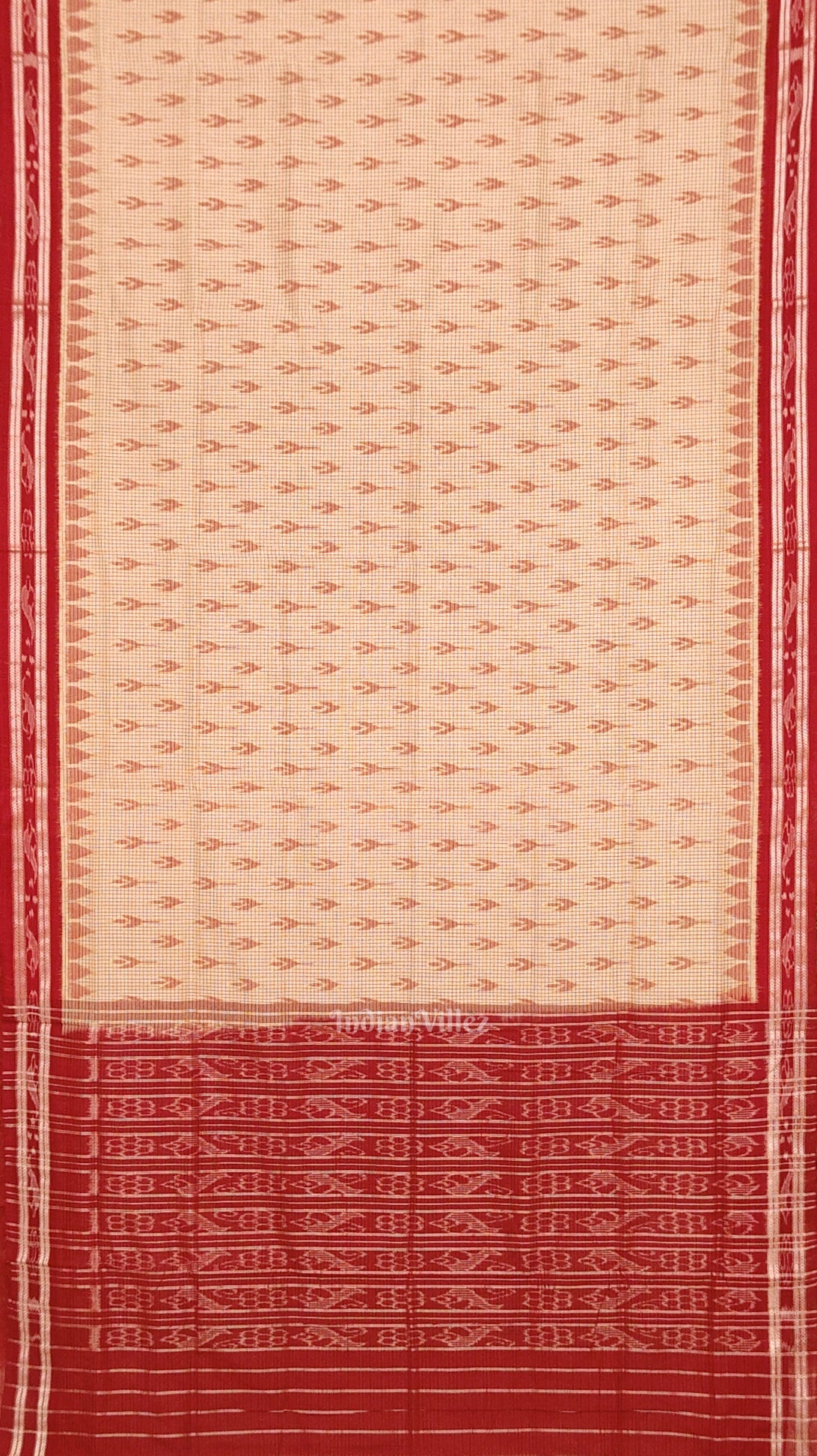 IndianVillèz Beige Cream Red Check Mayur Chandrika Maniabandha Cotton Saree