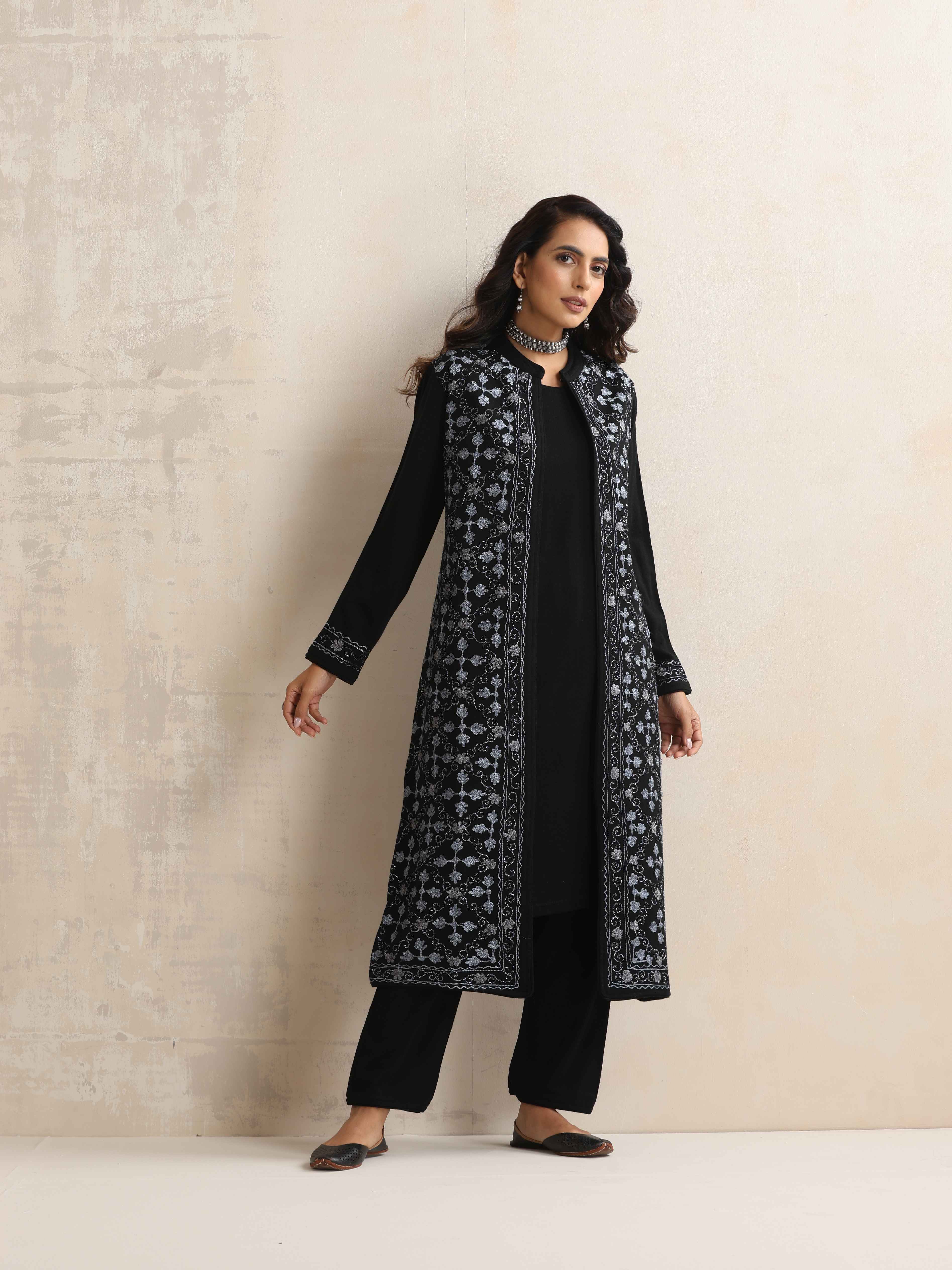 trueBrowns Black Kashmiri Woollen Jacket 3pc Set - view 3