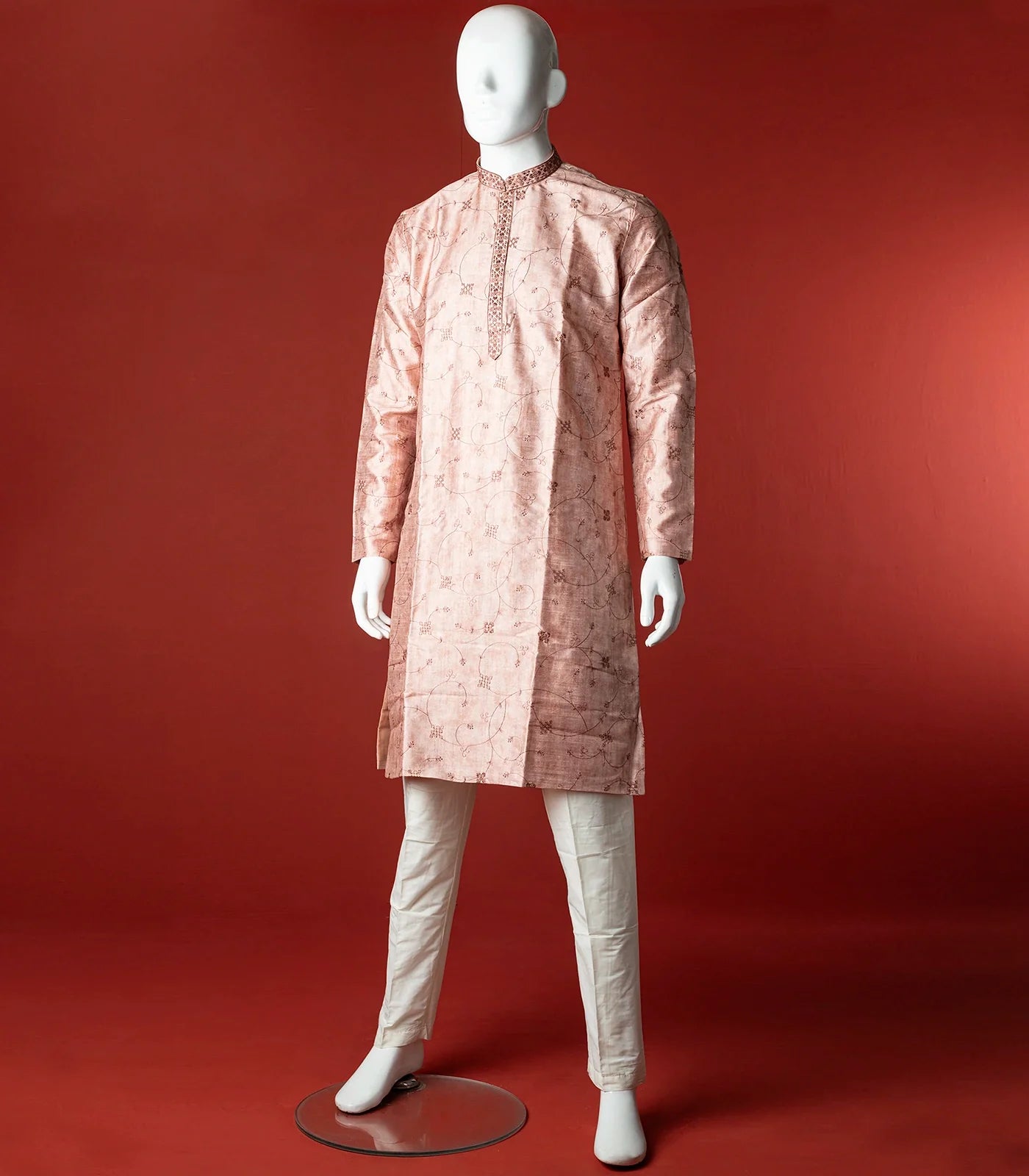 RmKV Peach Floral Embroidered Kurta With White Straight Fit Pants-Peach - view 2