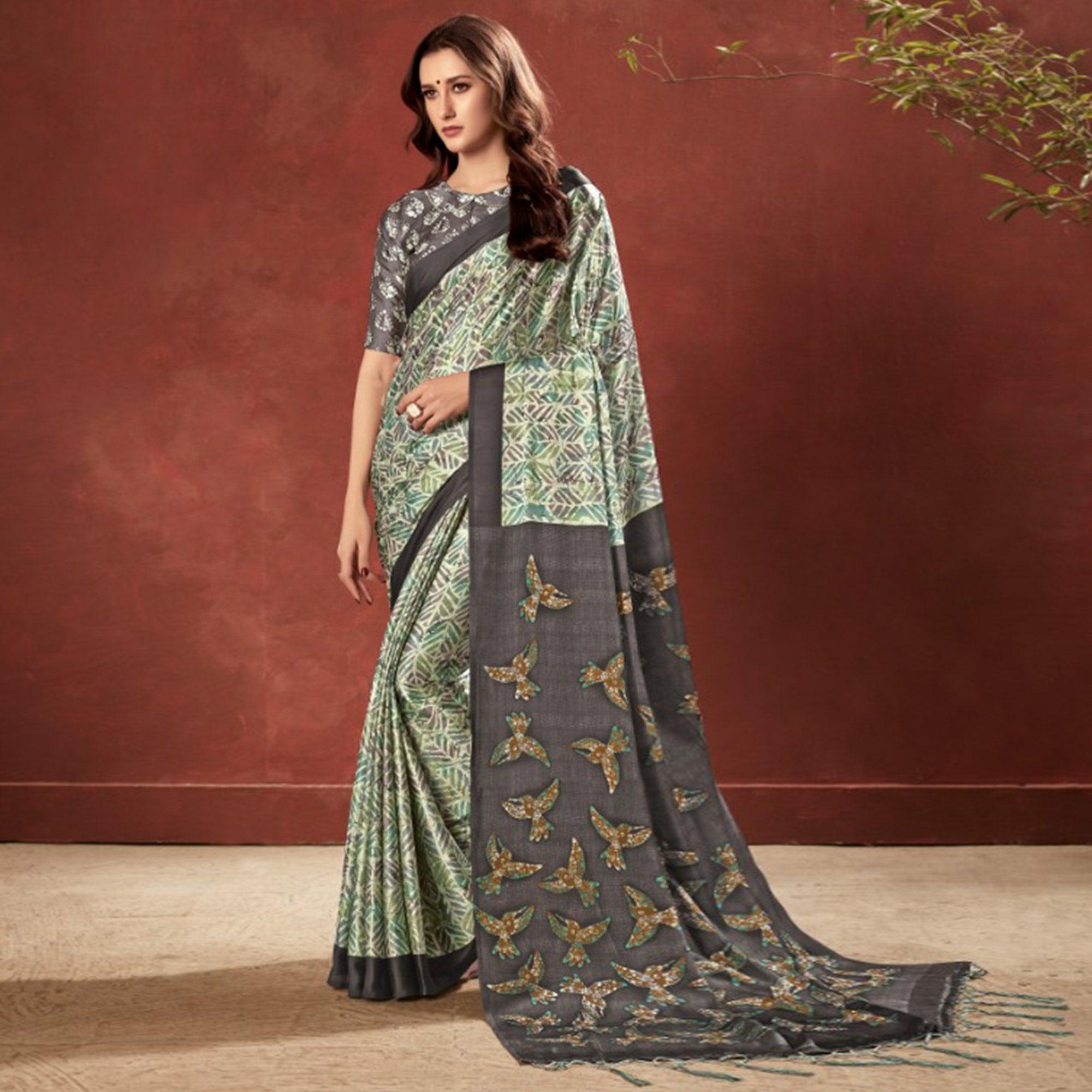 Peachmode Impressive Green Colored Casual Wear Printed Satin Crepe Saree With Tassels
