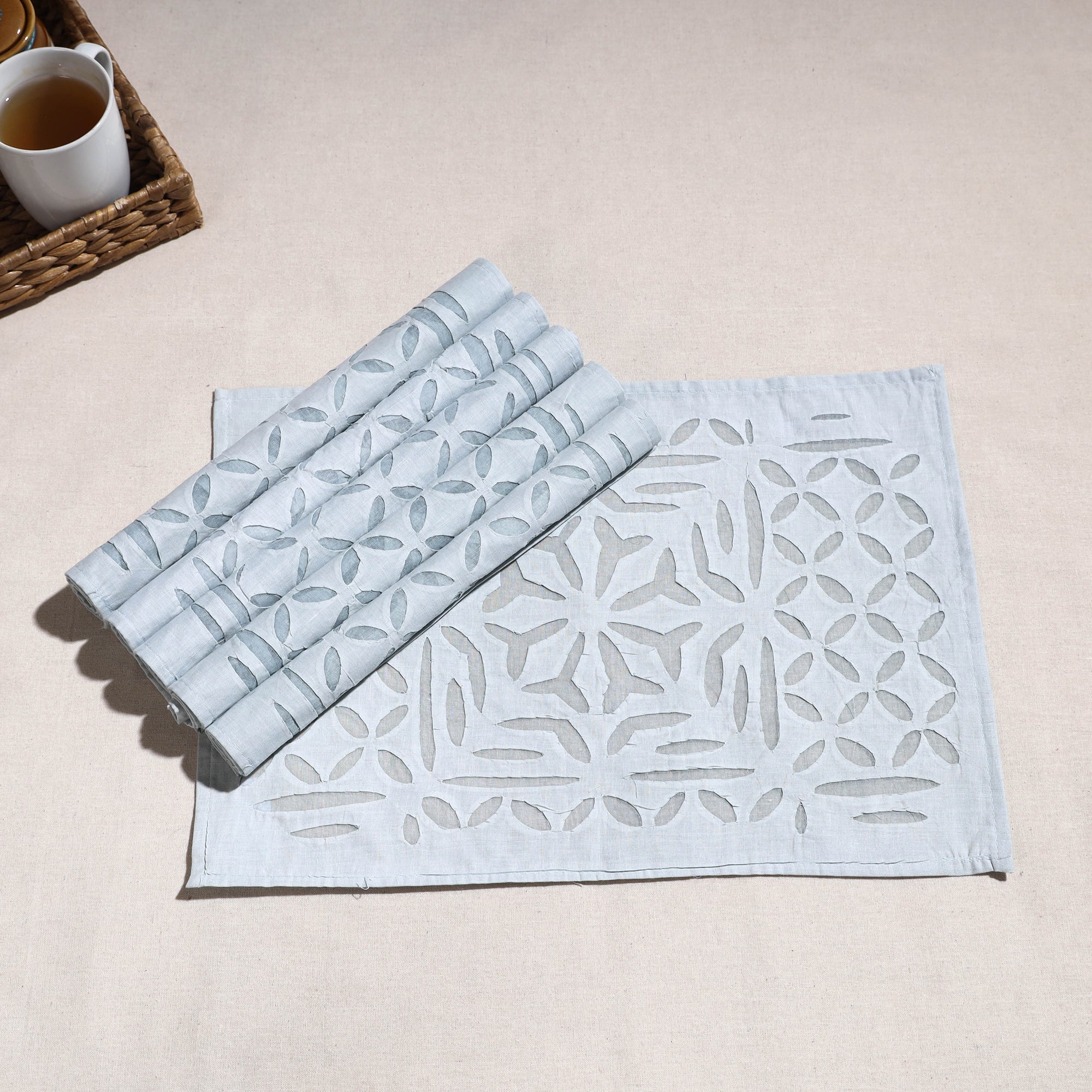 SHADES OF MARUDHARA Blue - Applique Cut work Cotton Table Mats (set of 6) - view 2