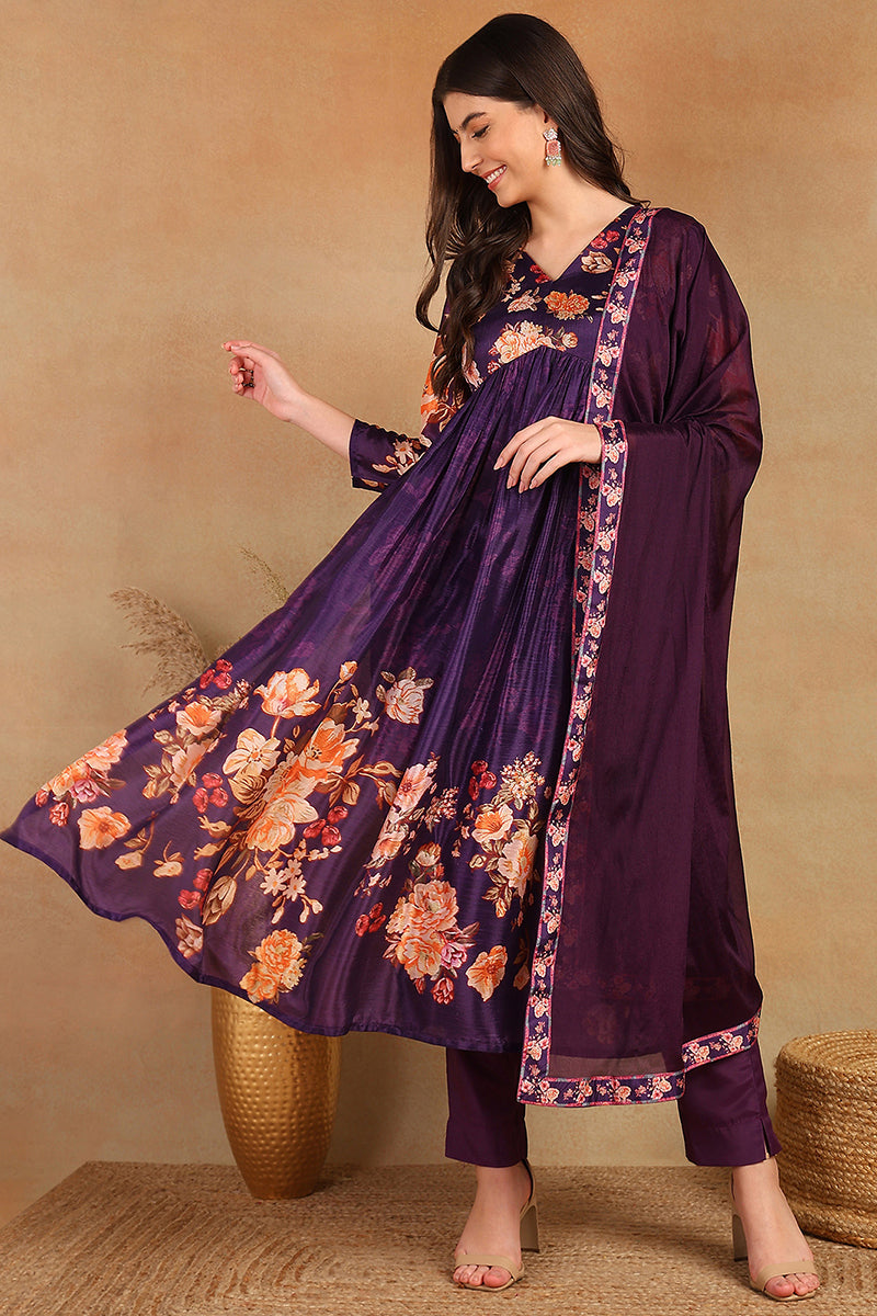 Ahika Purple Silk Blend Floral Printed Straight Trouser Bottom Suit Set PKSKD2435