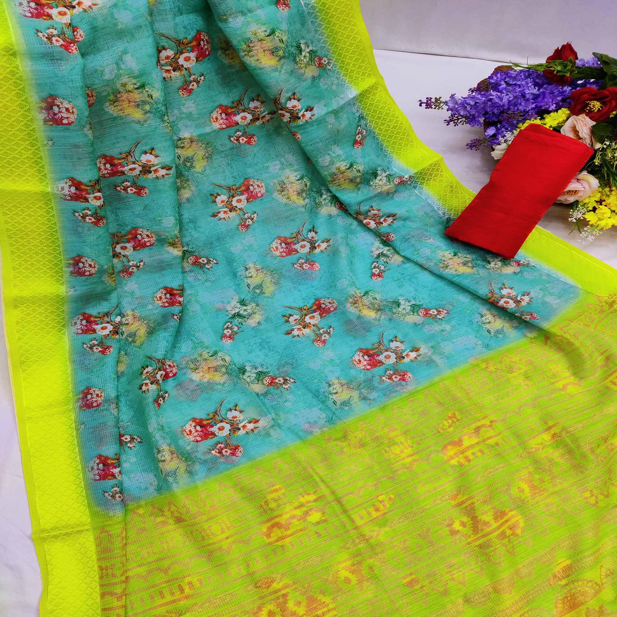 Peachmode Blue-Lemon Festive Wear Floral Digital Printed With Woven Border Soft Cotton Saree
