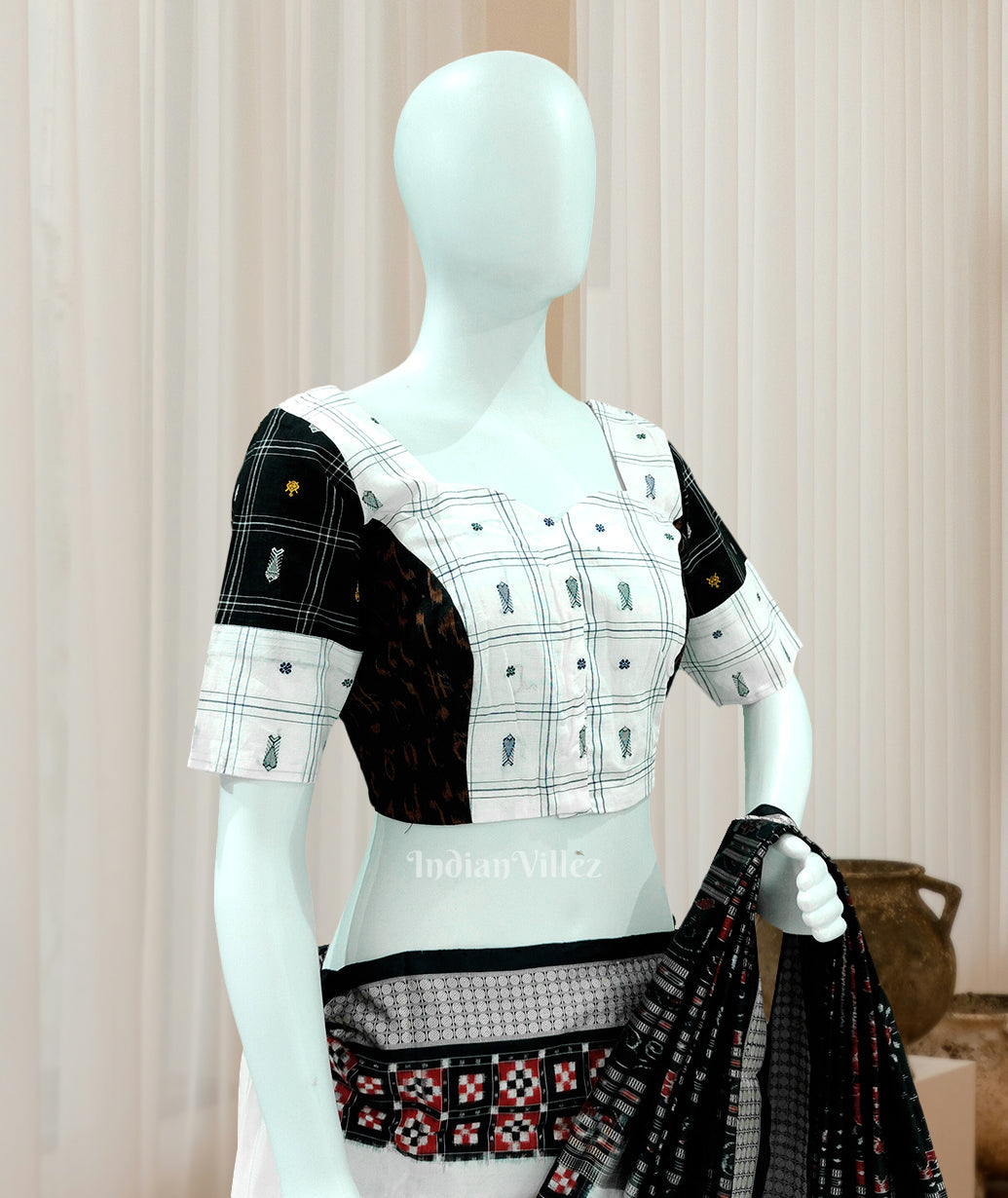 IndianVillèz White Black Bomkai Cotton Blouse