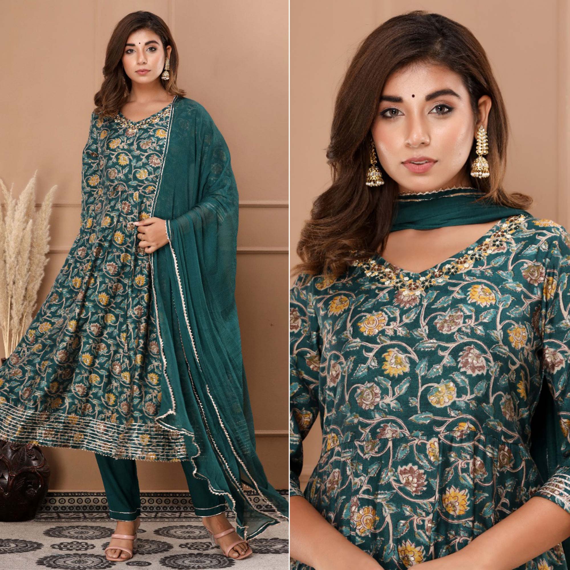 Green salwar suits – BlackTree green-floral-printed-with-gota-patti-work-muslin-anarkali-suit