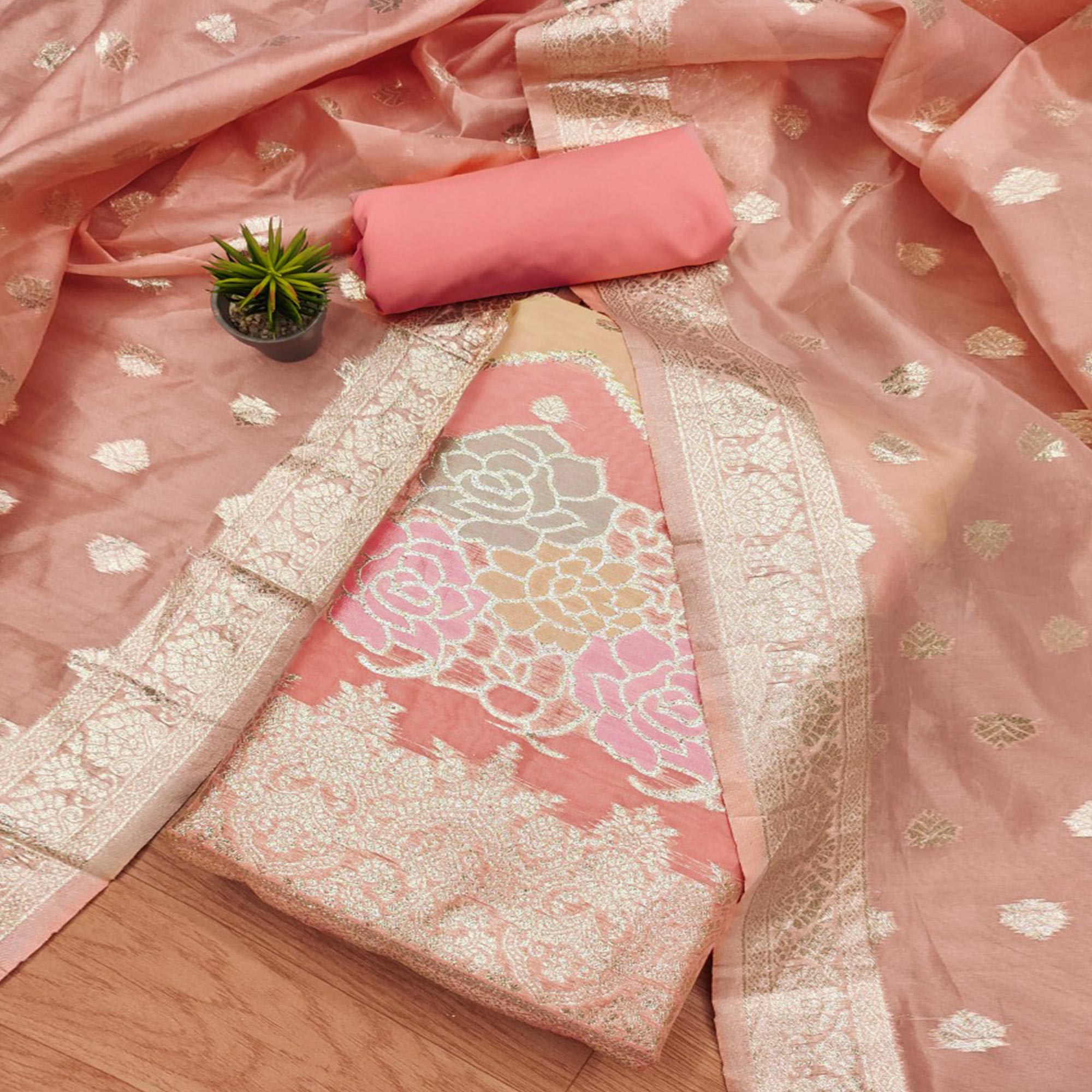 Peachmode Peach Floral Woven Organza Dress Material