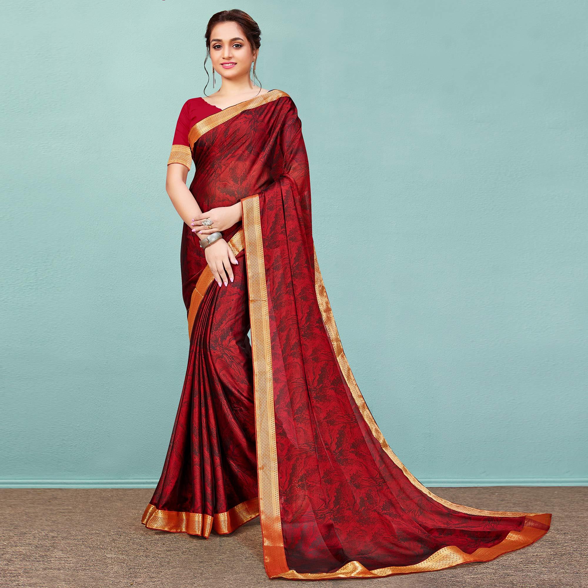 Peachmode Maroon Casual Wear Printed Chiffon Saree With Banarasi Lace