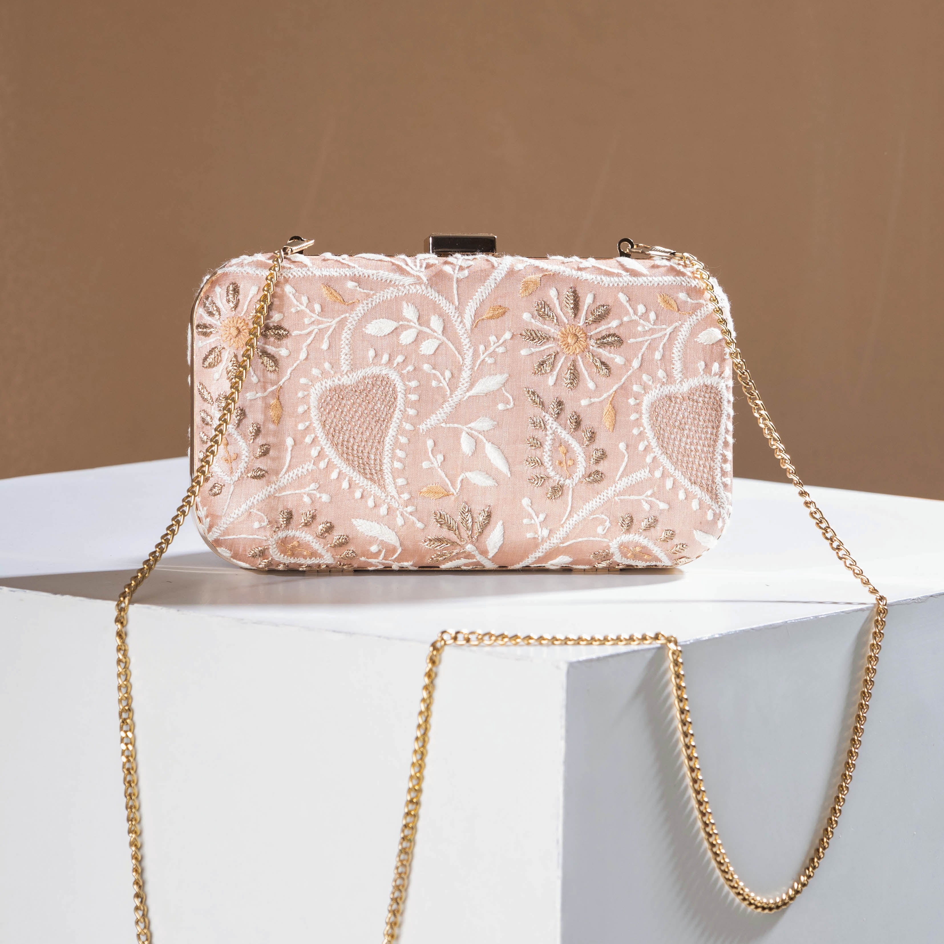 LAVANGG Beige - Chikankari Zari Hand Embroidered Tussar Silk Clutch/Sling Bag