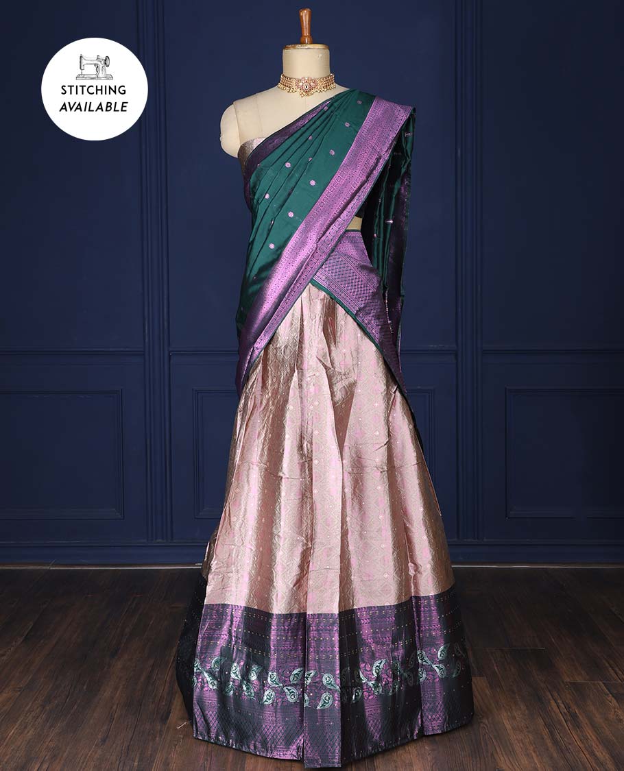 Pothys Pale brown jacquard artsilk halfsaree,contrast traditional design border, jacquard blouse & dhavani of intricate designs