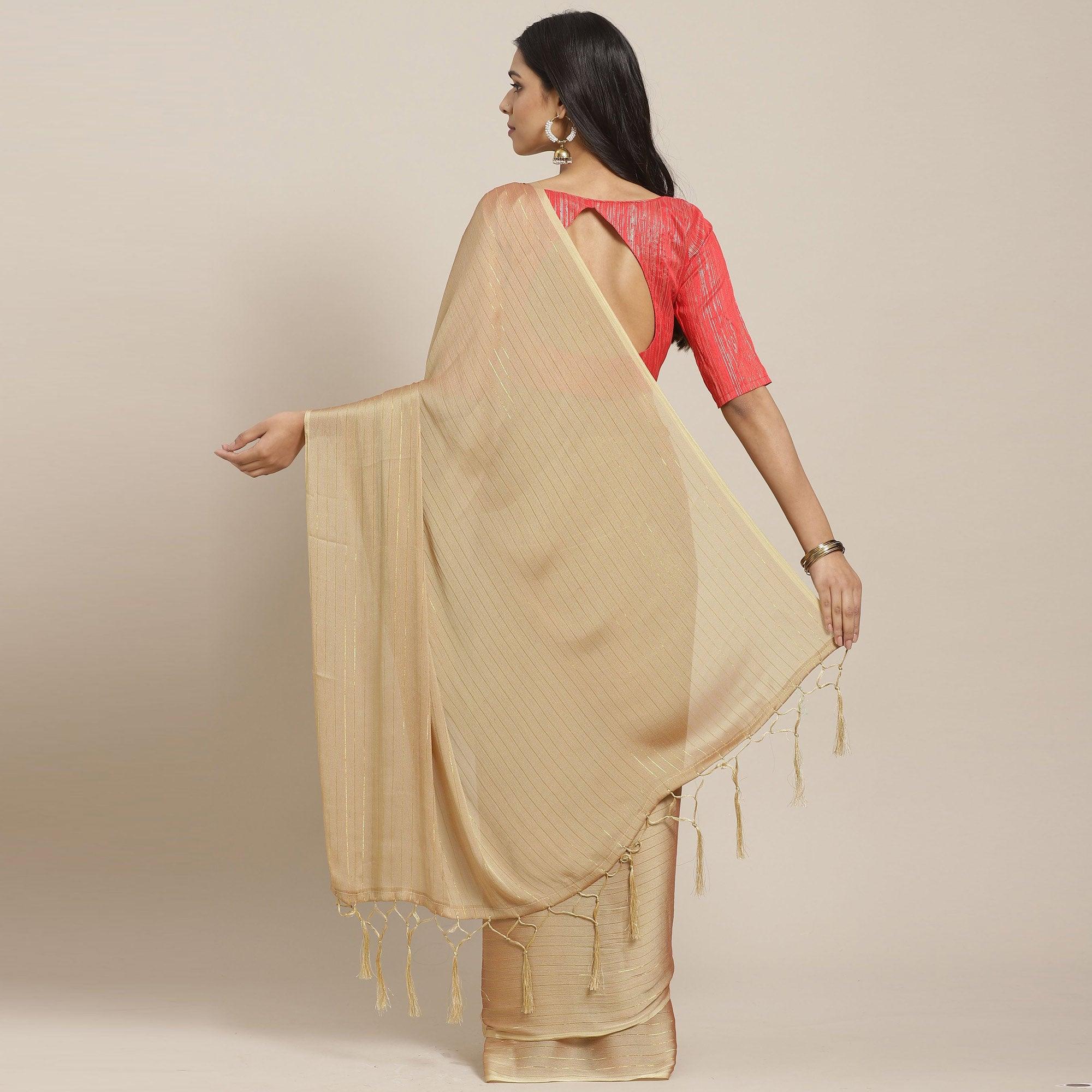 Peachmode Captivating Beige Colored Casual Wear Printed Poly Georgette Saree - view 2