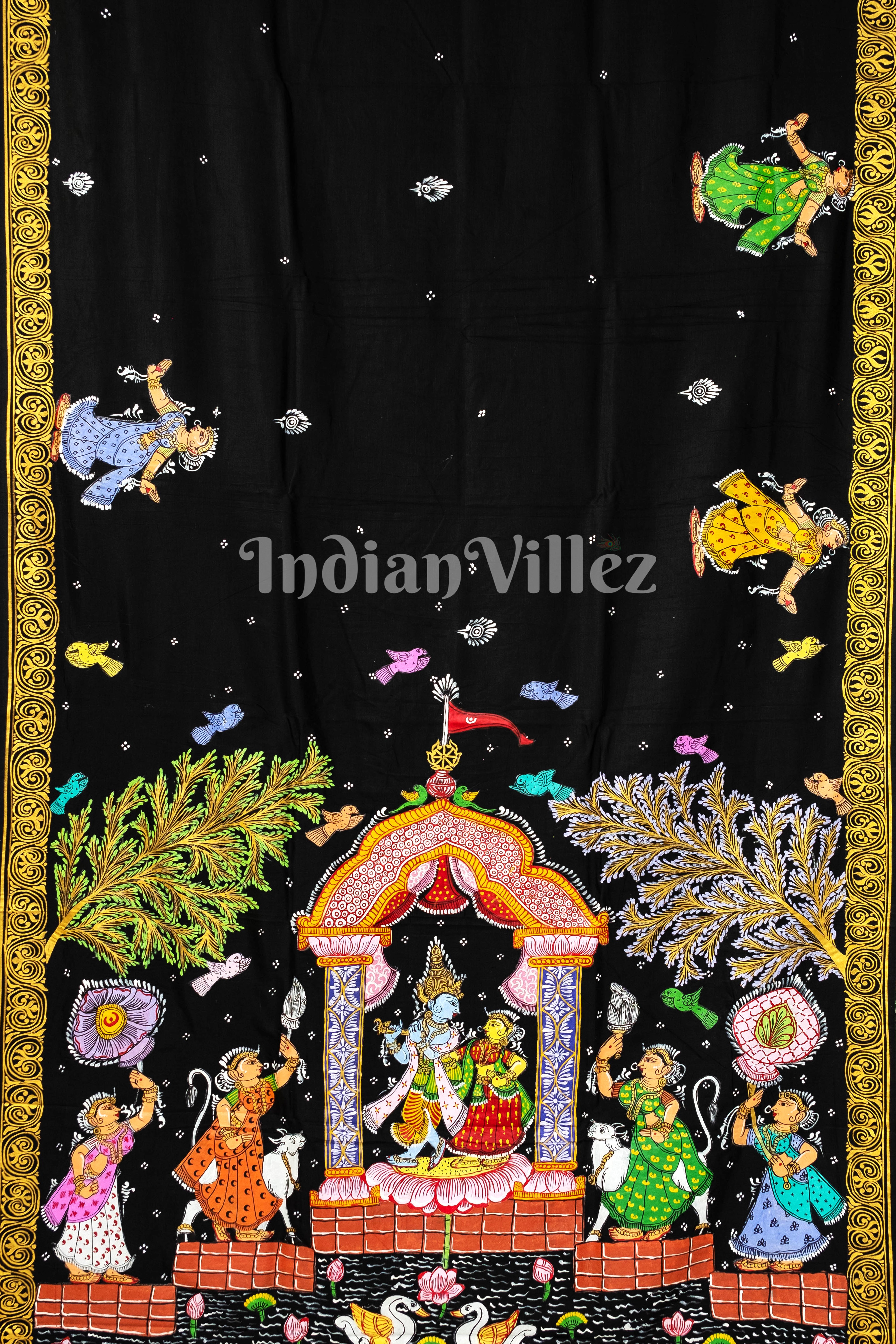 IndianVillèz Black Radha Krishna Hand-Painted Pattachitra Saree (Pre Order)