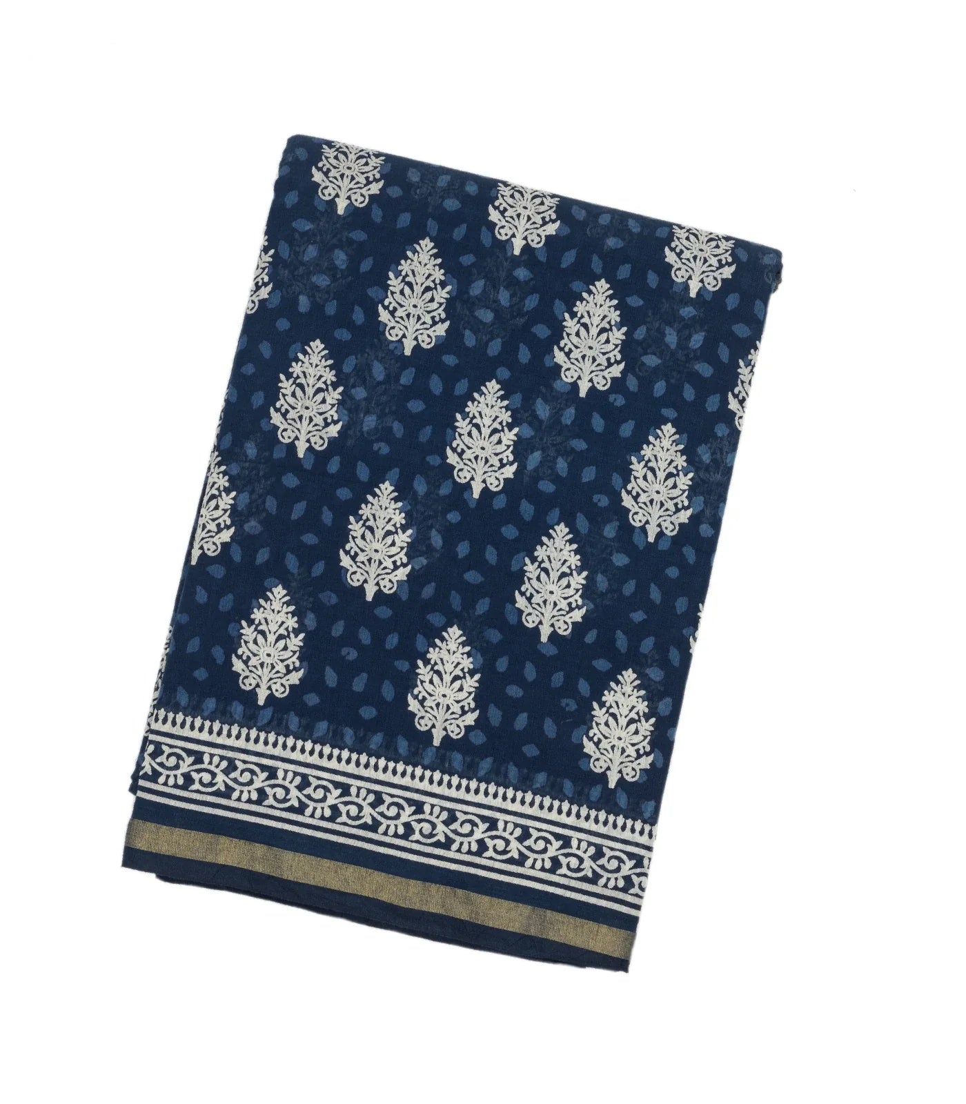 RmKV Navy Blue Woven Jaipur Cotton Saree With Printed Cream Floral Motifs