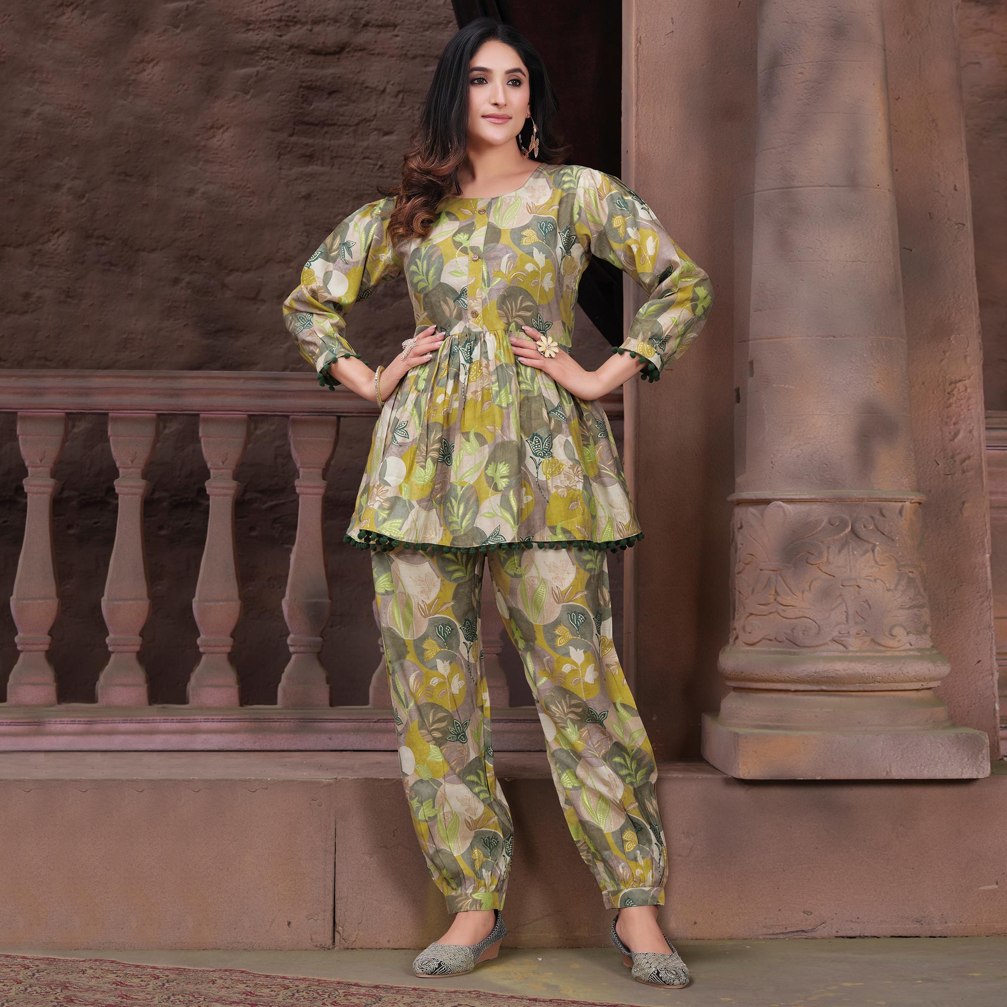 BlackTree green-floral-printed-chanderi-co-ord-set - view 2