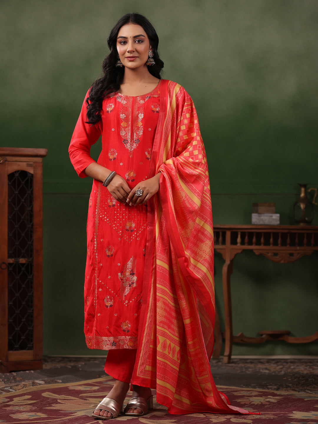 Fashor Ethnic Jacquard Straight Fit Kurta with Pant & Printed Dupatta - Coral Red - view 3
