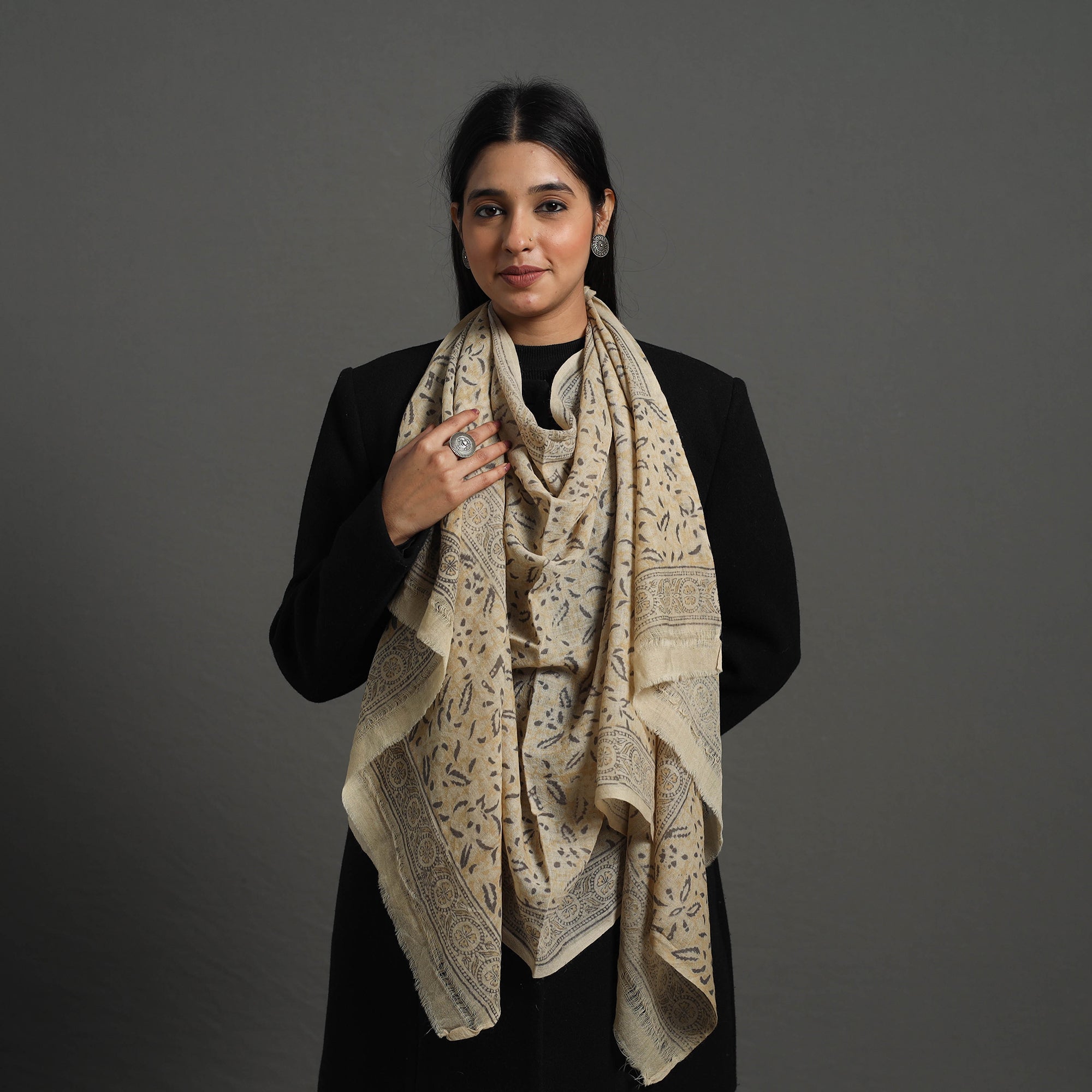 PITCHUKA SRINIVAS KALAMKARI PEDANA Beige - Block Print Pedana Kalamkari Wool Stole 32 - view 2