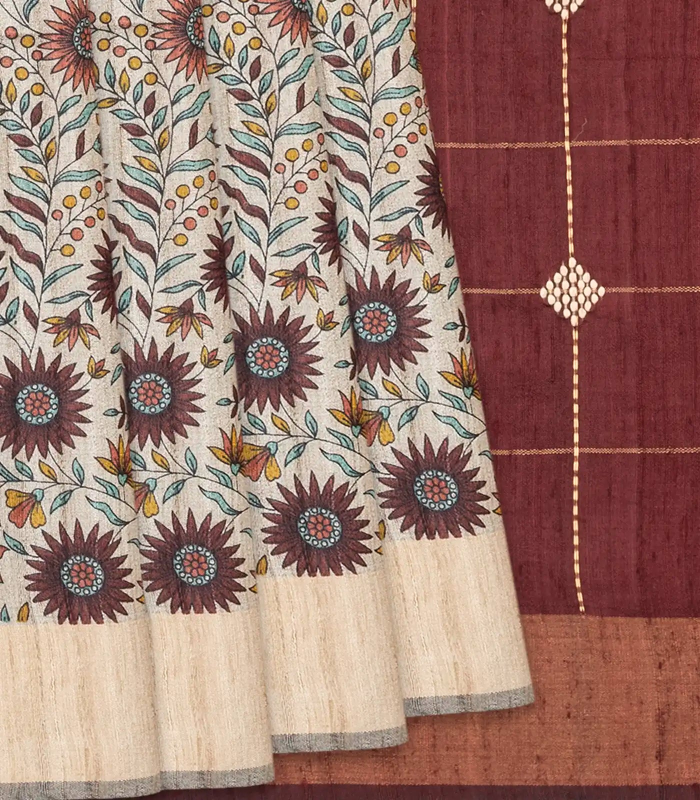 RmKV Beige Handloom Dupion Silk Saree With Printed Floral Vine Motifs-Beige