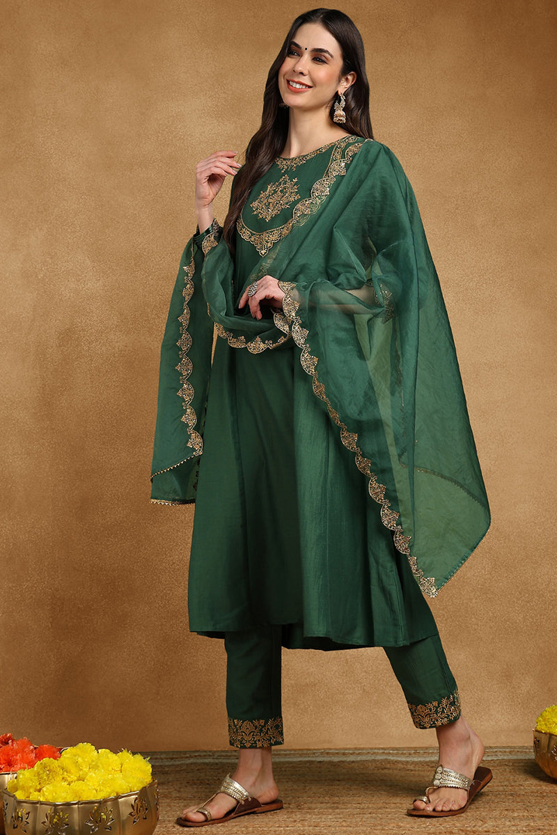 Ahika Green Silk Blend Solid Embroidered Anarkali Suit Set PKSKD2733 - view 3