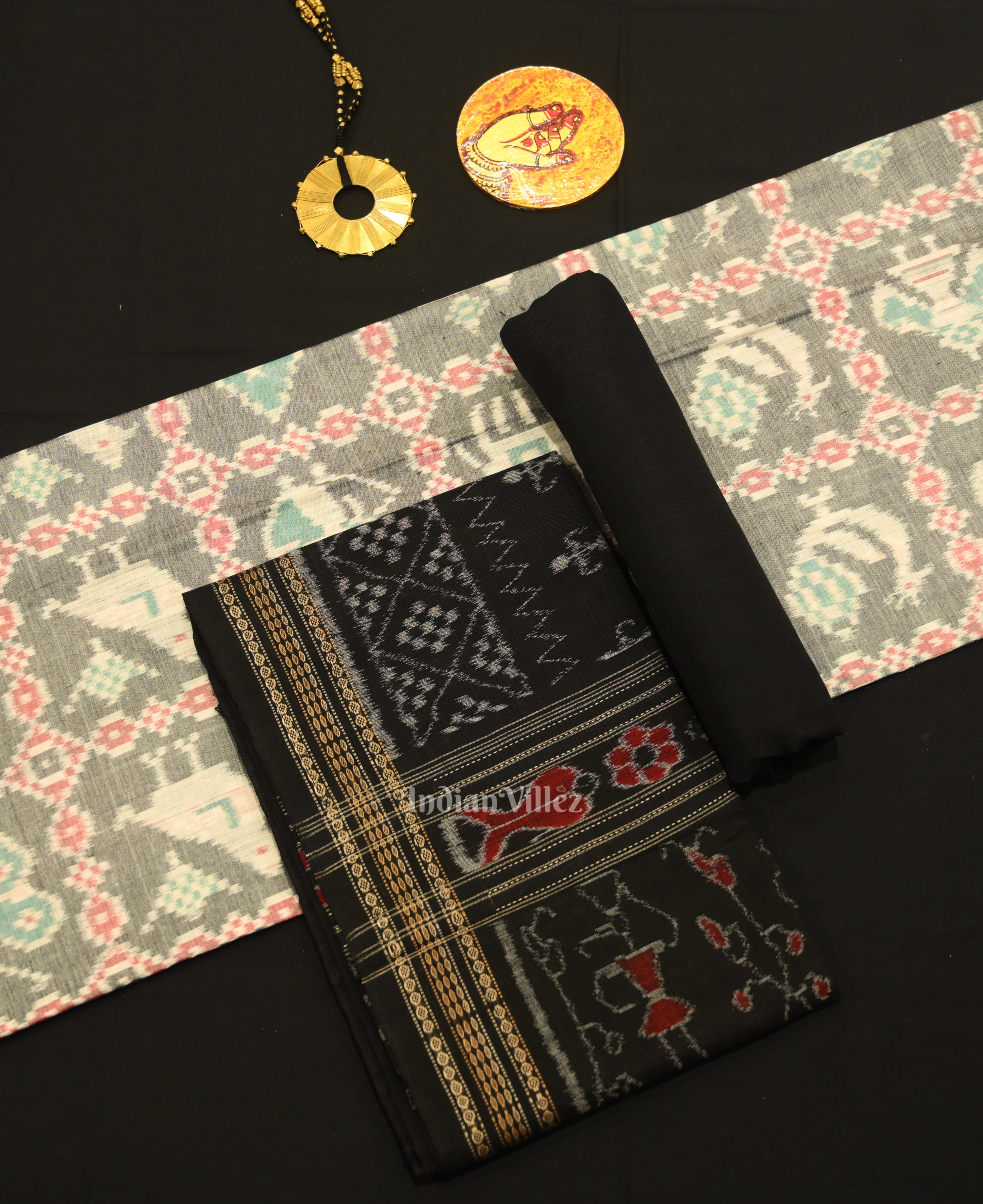 IndianVillèz Cement Gray Black Odisha Ikat Sambalpuri Dress Set & Dupatta