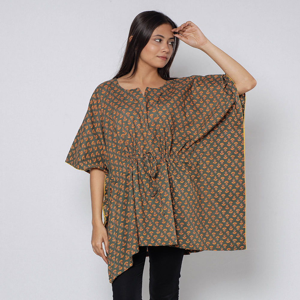 ITOKRI CASUALS Brown - Sanganeri Block Printed Cotton Kaftan with Tie-Up Waist (Short) - view 2