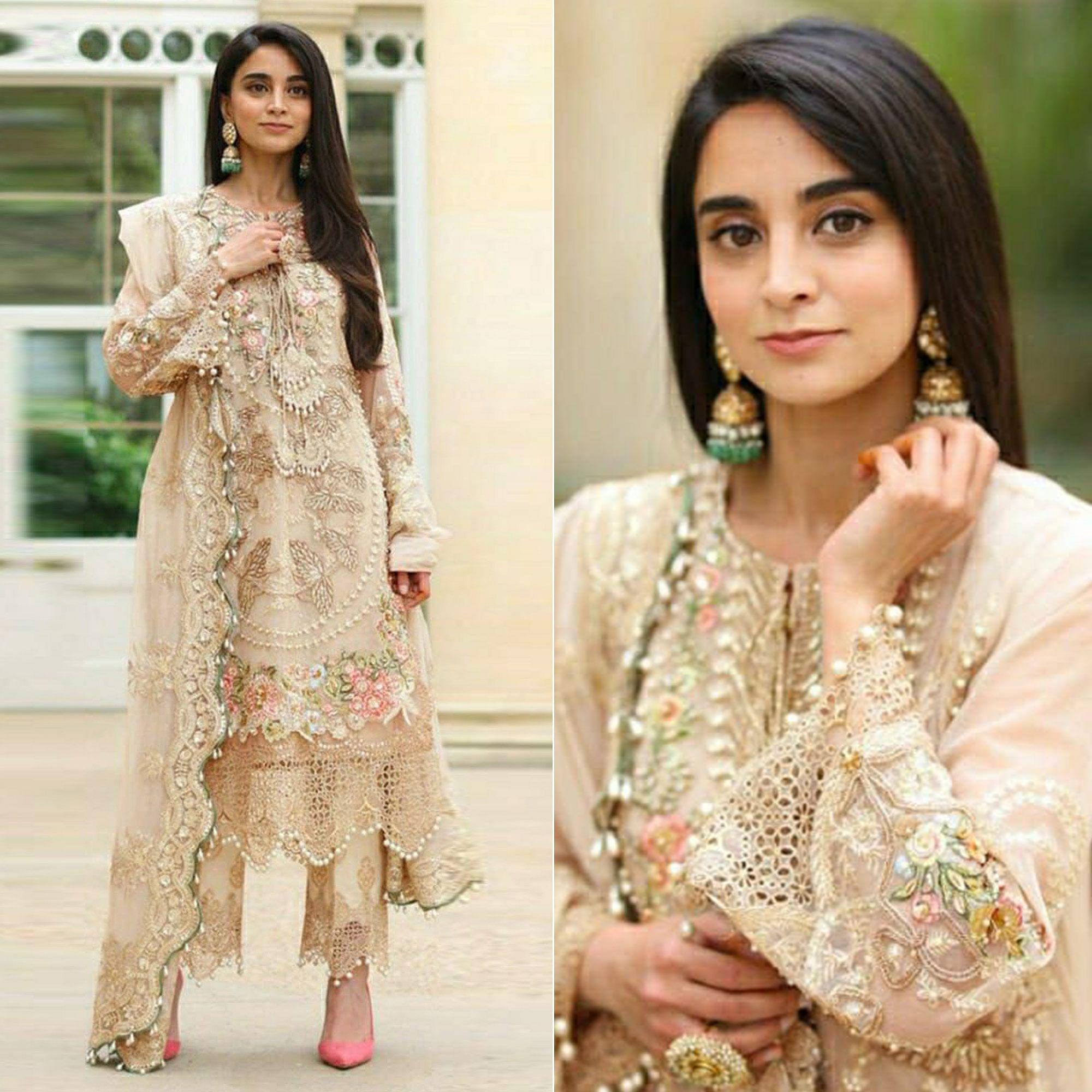 Peachmode Cream Embellished With Embroidered Georgette Pakistani Suit