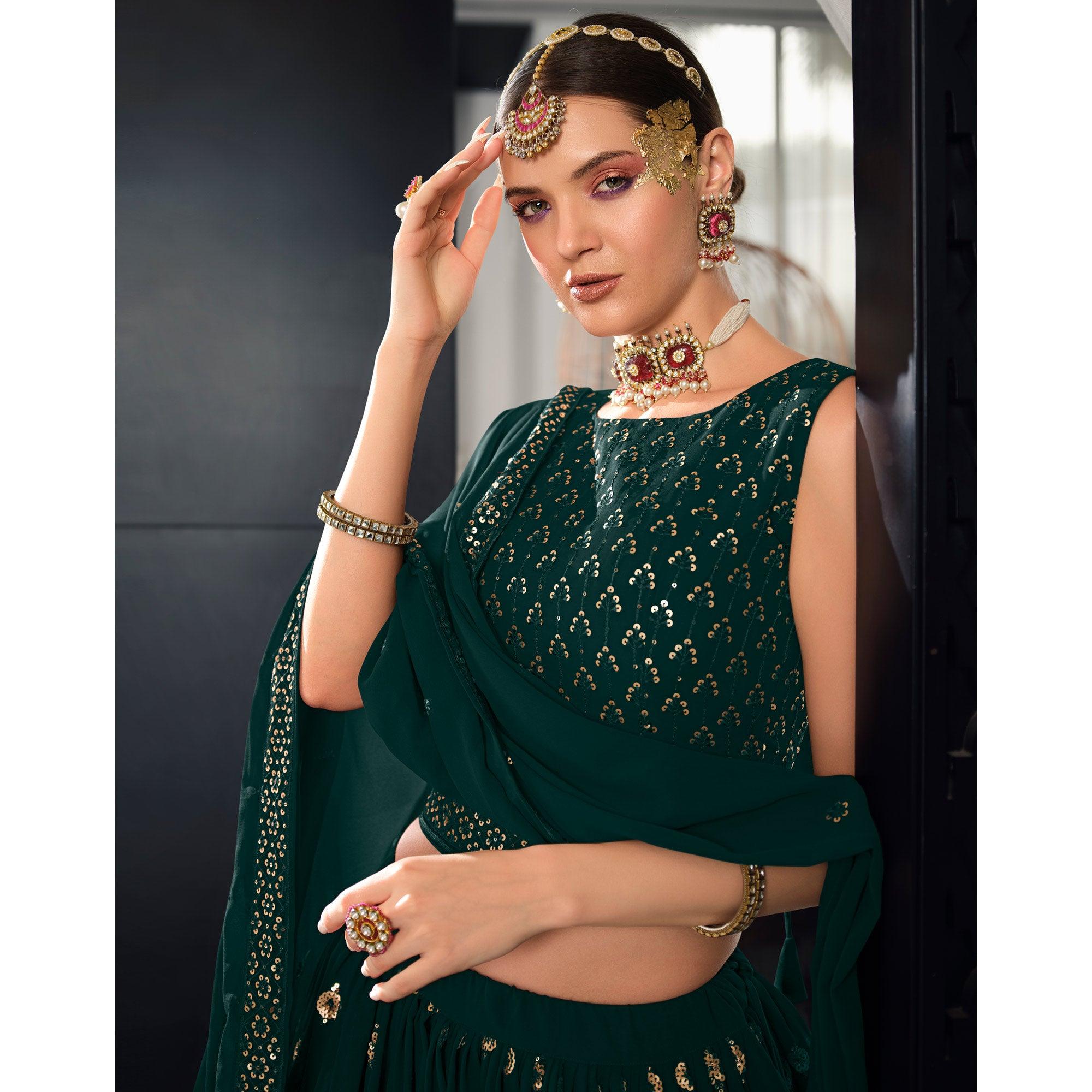 Peachmode Bottle Green Sequins Embroidered Georgette Lehenga Choli - view 5