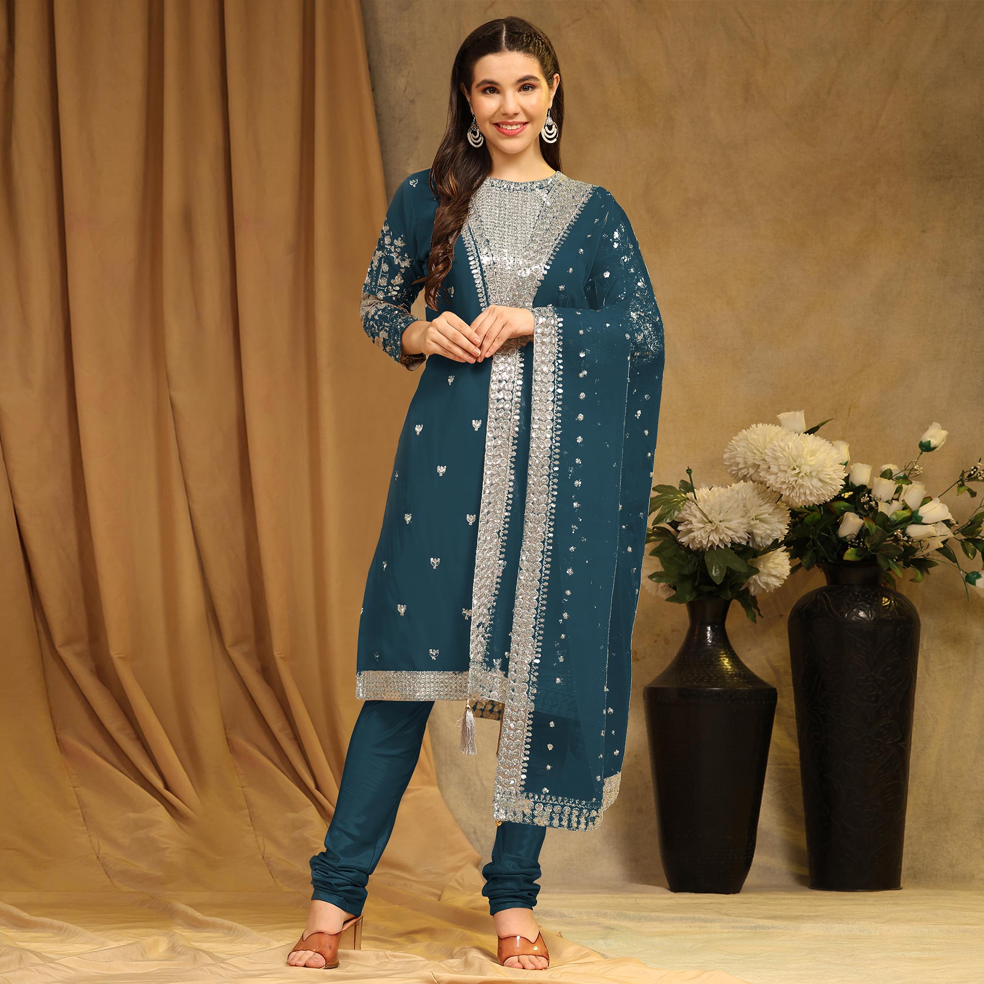 Peachmode Morpich Sequins Embroidered Georgette Semi Stitched Salwar Suit - view 2