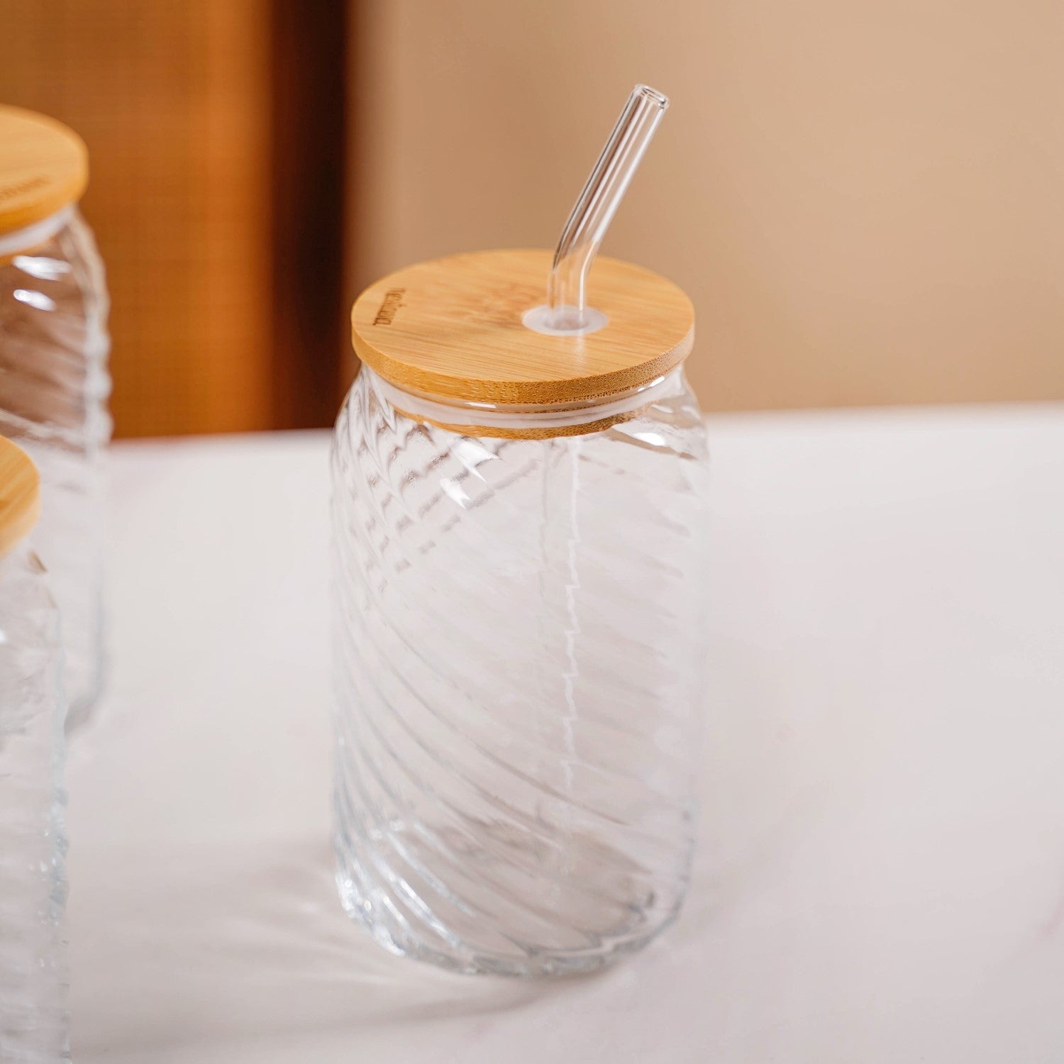 Nestasia Set Of 4 Glass Tumblers With Wooden Lids And Glass Straws 500ml - view 6