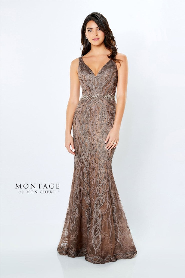 Montage 120921 Long Beaded Lace Metallic Evening Formal Dress