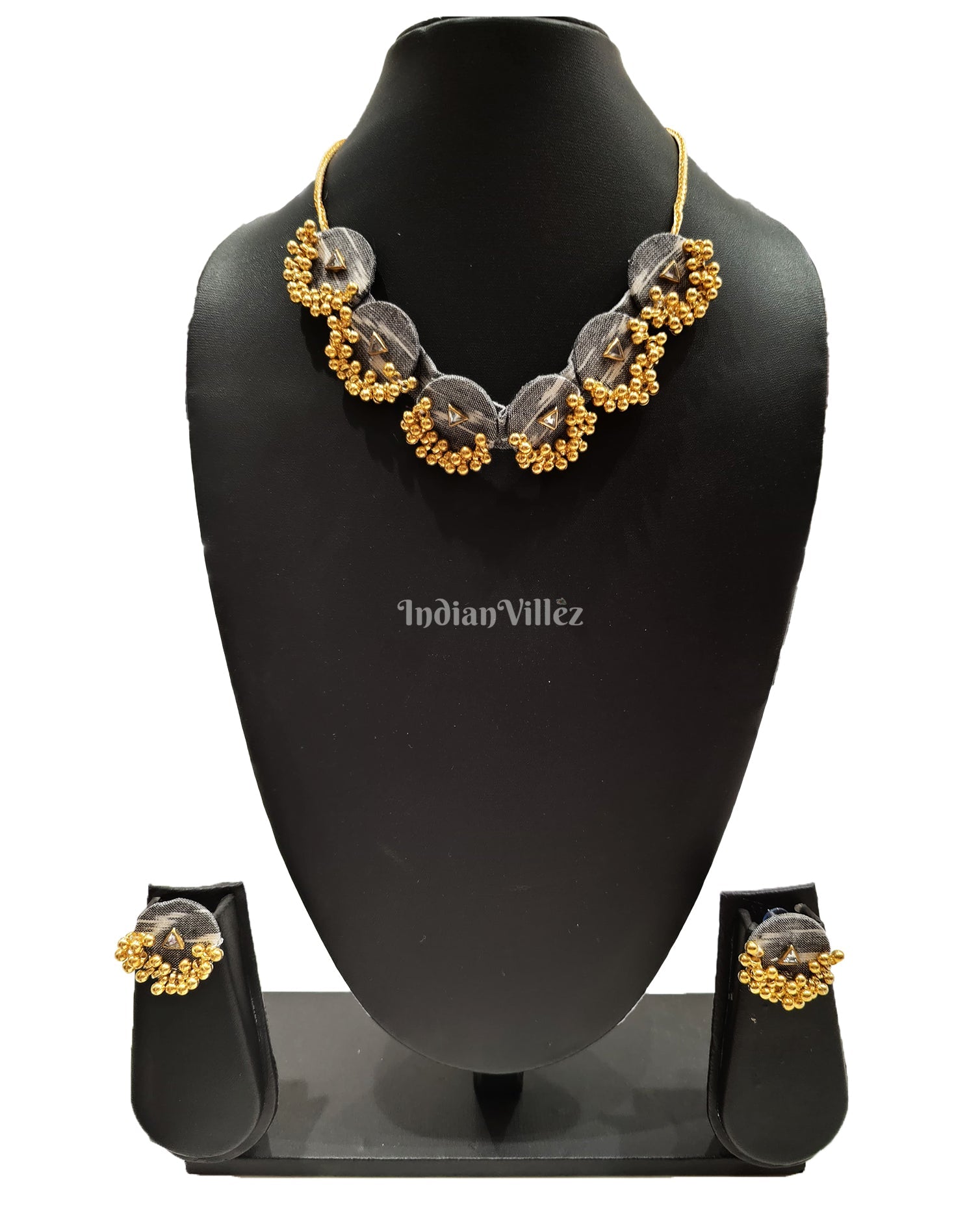 Necklace earrings set – IndianVillèz Gray Coin Shape Golden Beads Sambalpuri Fabric Choker Jewellery - Necklace & Earrings Set