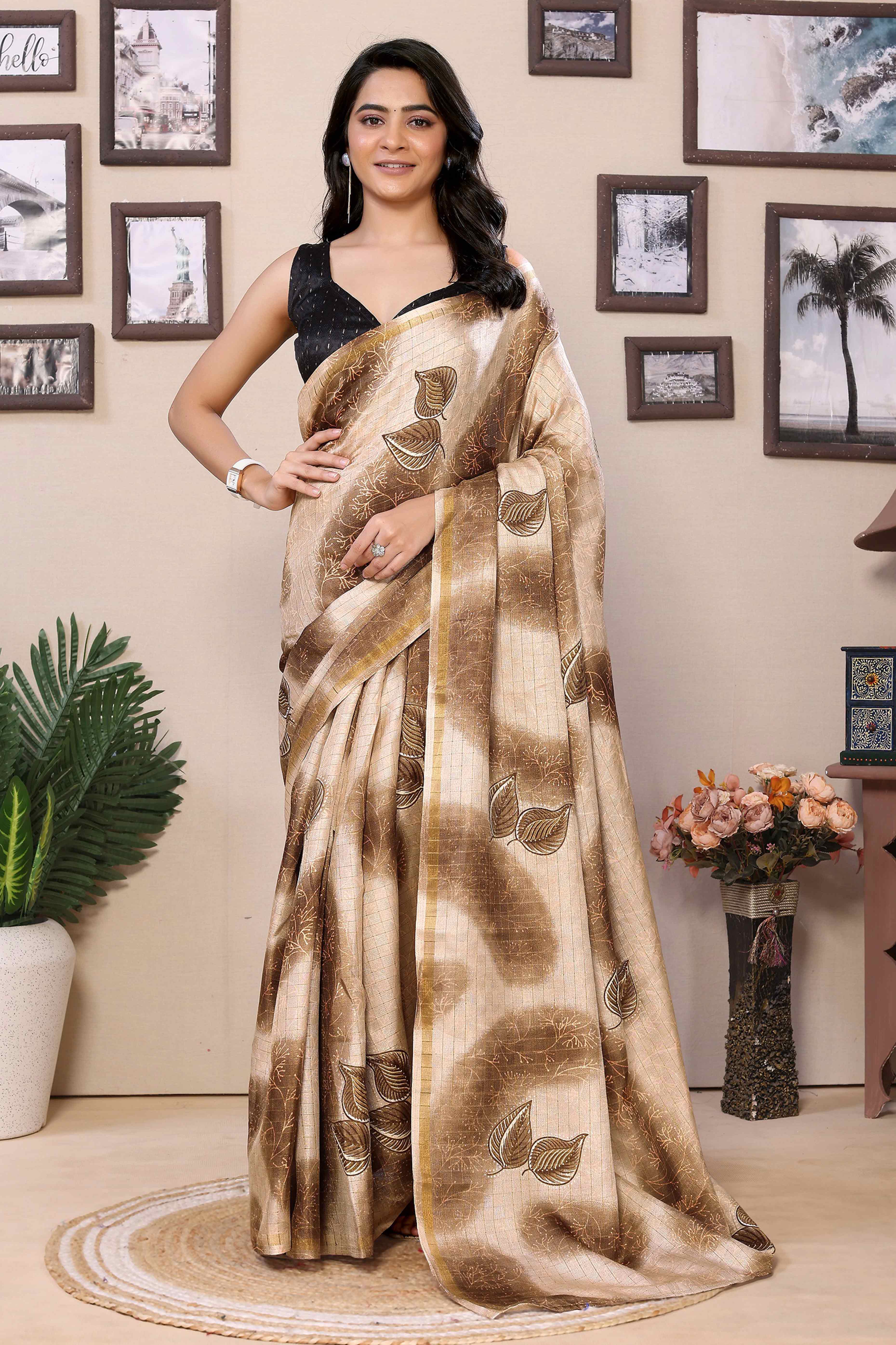Peachmode Seller Brown Woven With Printed Silk Ready To Wear Saree