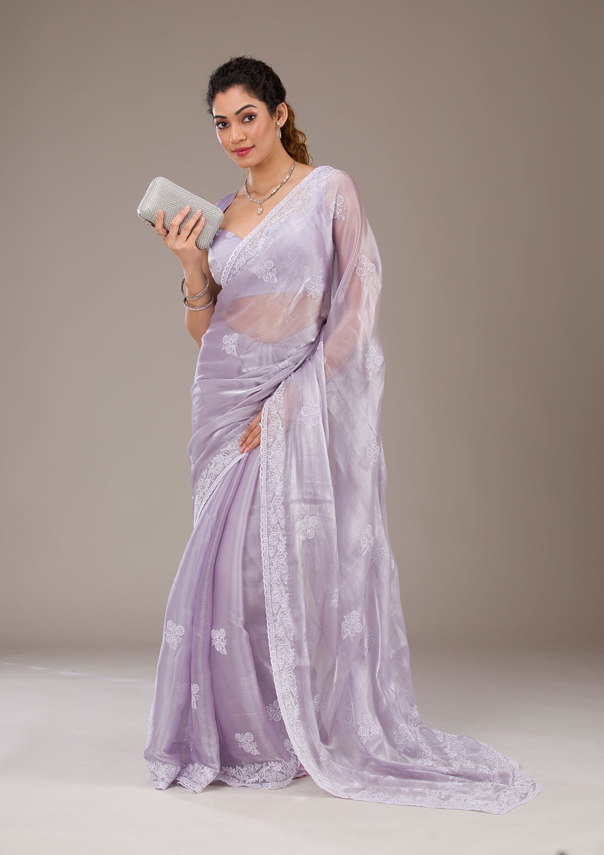 Koskii Lavender Threadwork Tissue Saree – Women's