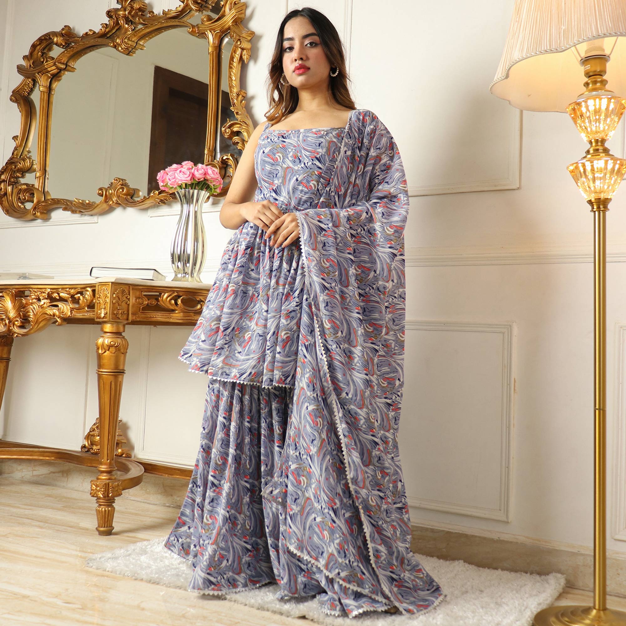 Peachmode Seller Grey Printed With Gota Work Georgette Sharara Suit - view 2