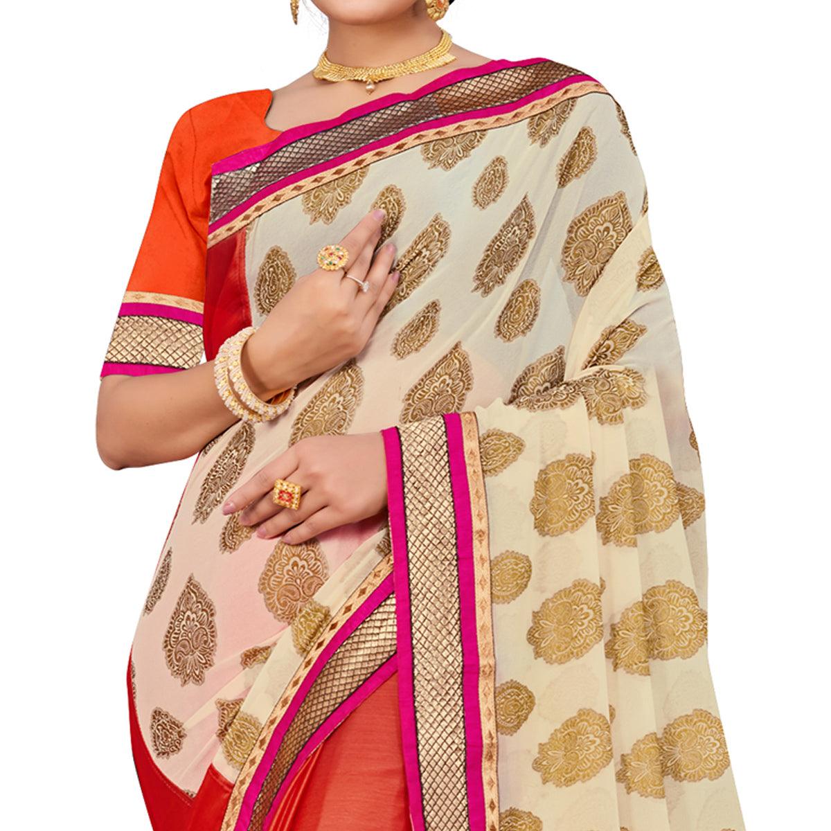 Peachmode Capricious Dark Orange-Cream Colored party Wear Georgette Half-Half Saree - view 2