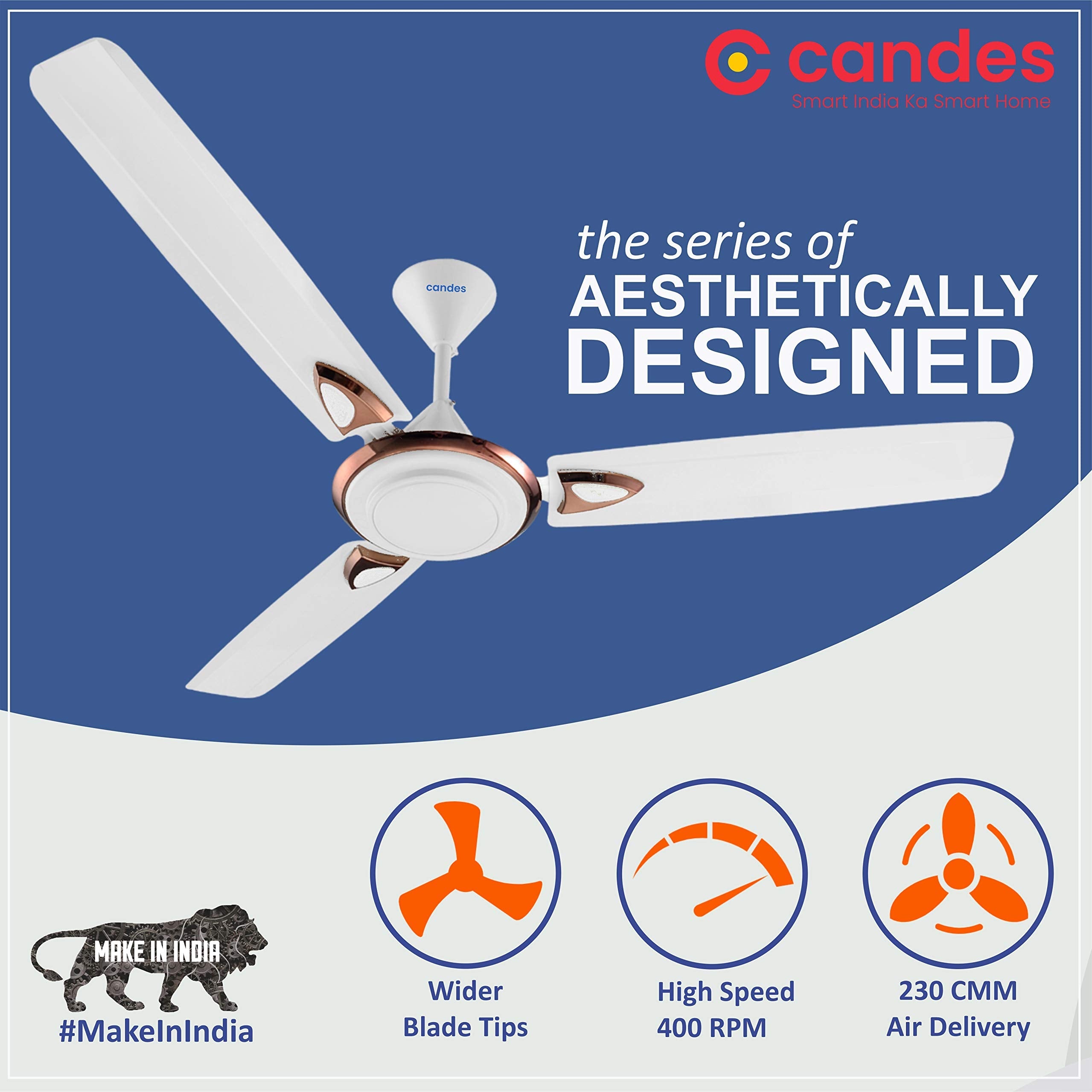 Candes Breeza 1200mm/48 inch High Speed Anti dust Decorative 5 Star Rated Ceiling Fan 400 RPM with 3 Years Warranty (Pack of 1,Coffee Brown) (White, P - view 2