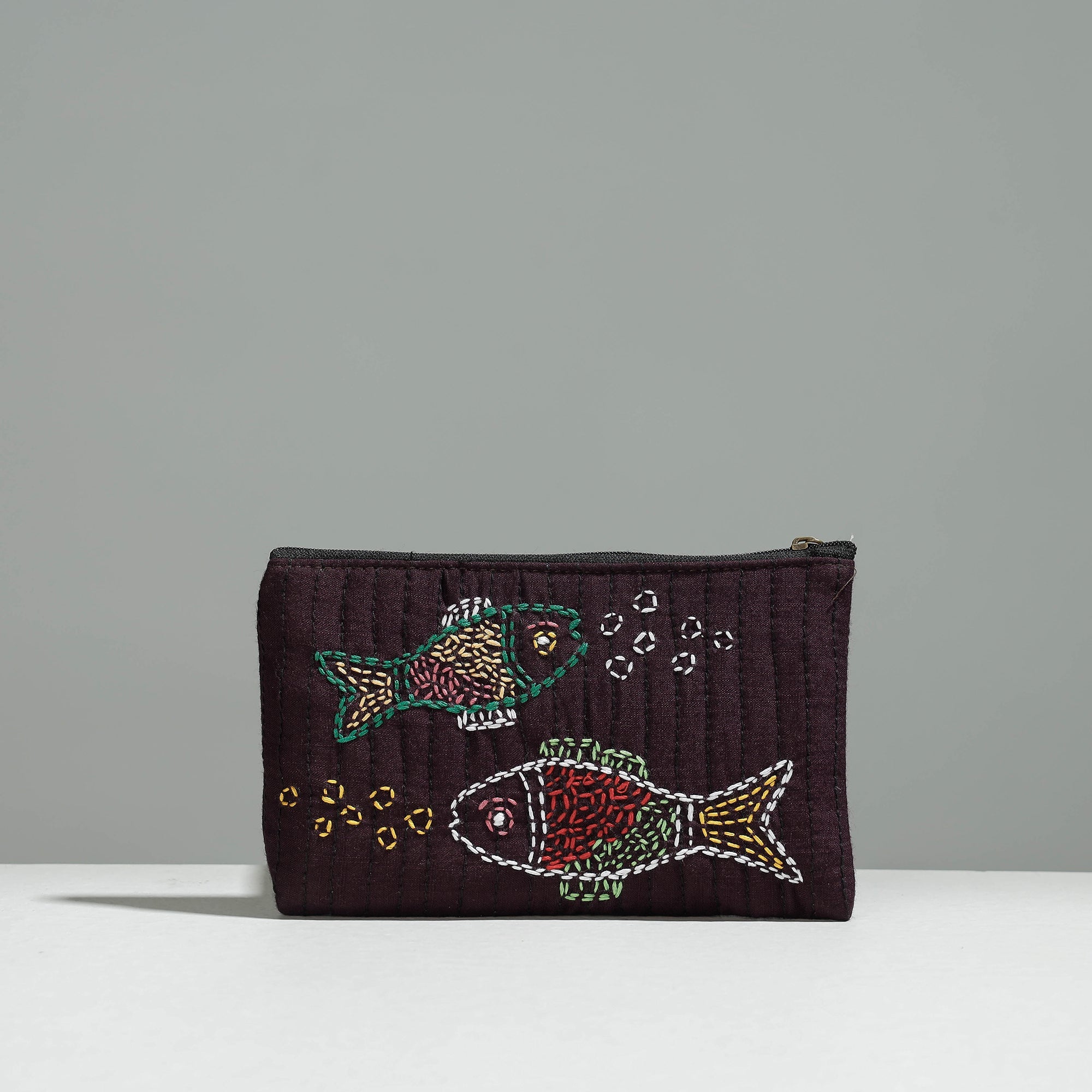 RANGILA DHAGA Brown - Gamcha Fabric Hand Embroidered Jewelry Pouch