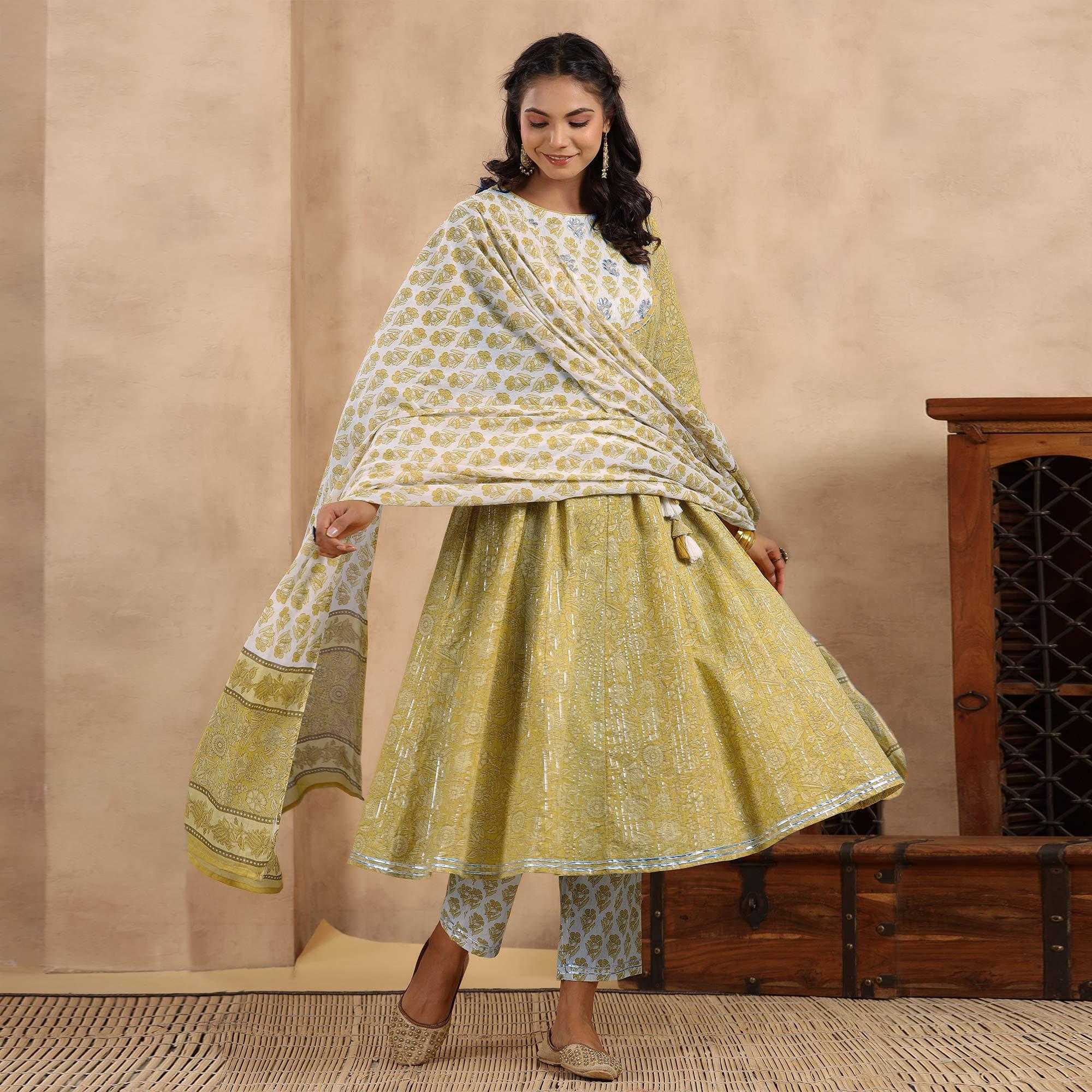Peachmode Mehendi Green Printed Pure Cotton Anarkali Suit